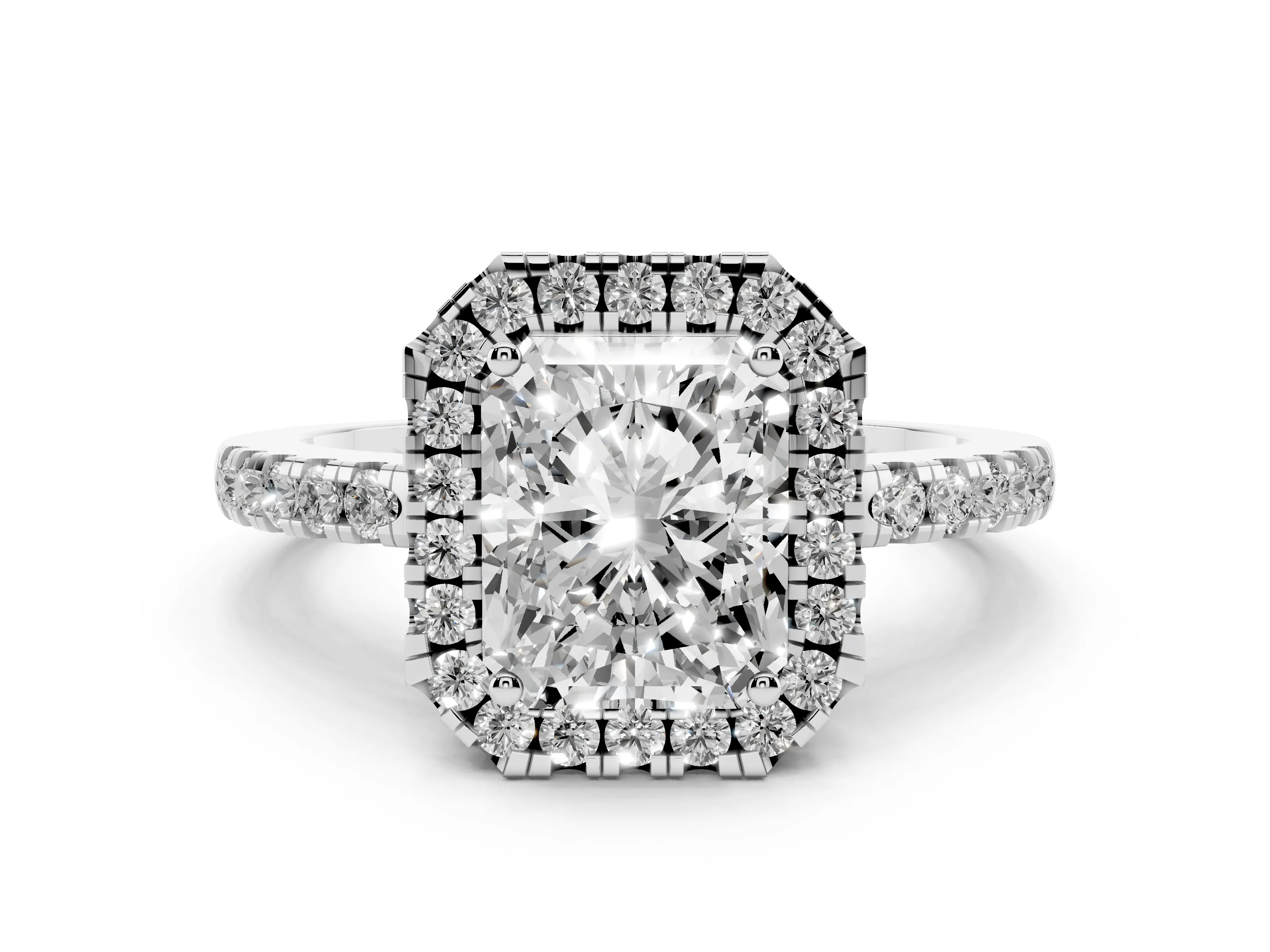 Radiant Cut Diamond Pavé Band Halo Engagement Ring Set in Platinum with Prong Setting