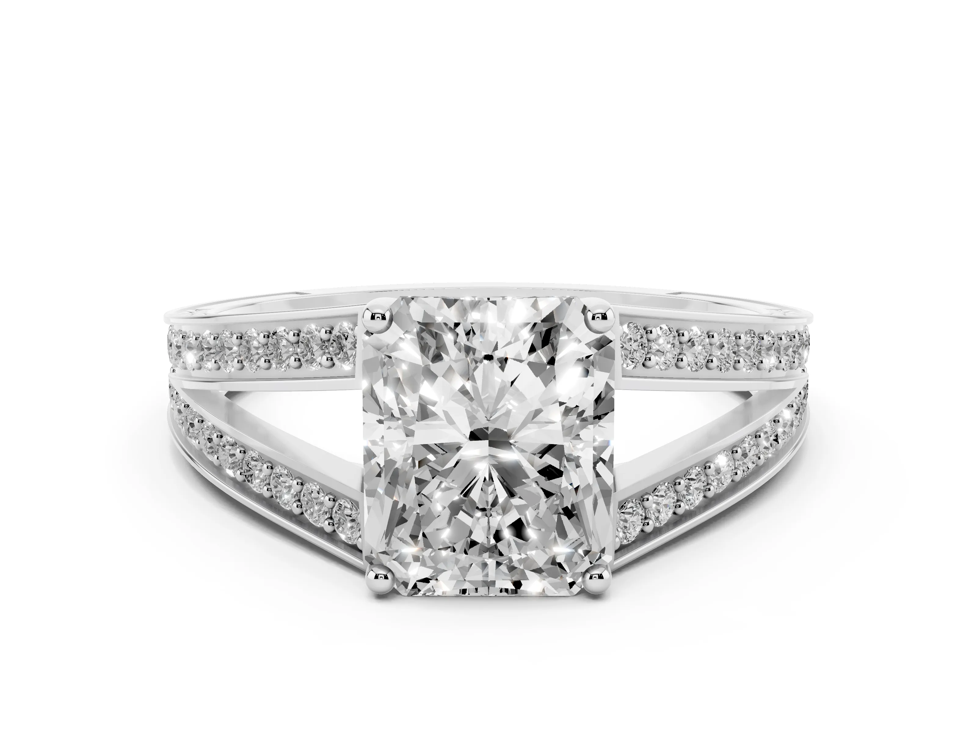 Radiant Cut Diamond Split Shank Ring Set in Platinum with Pavé Band and Prong Setting