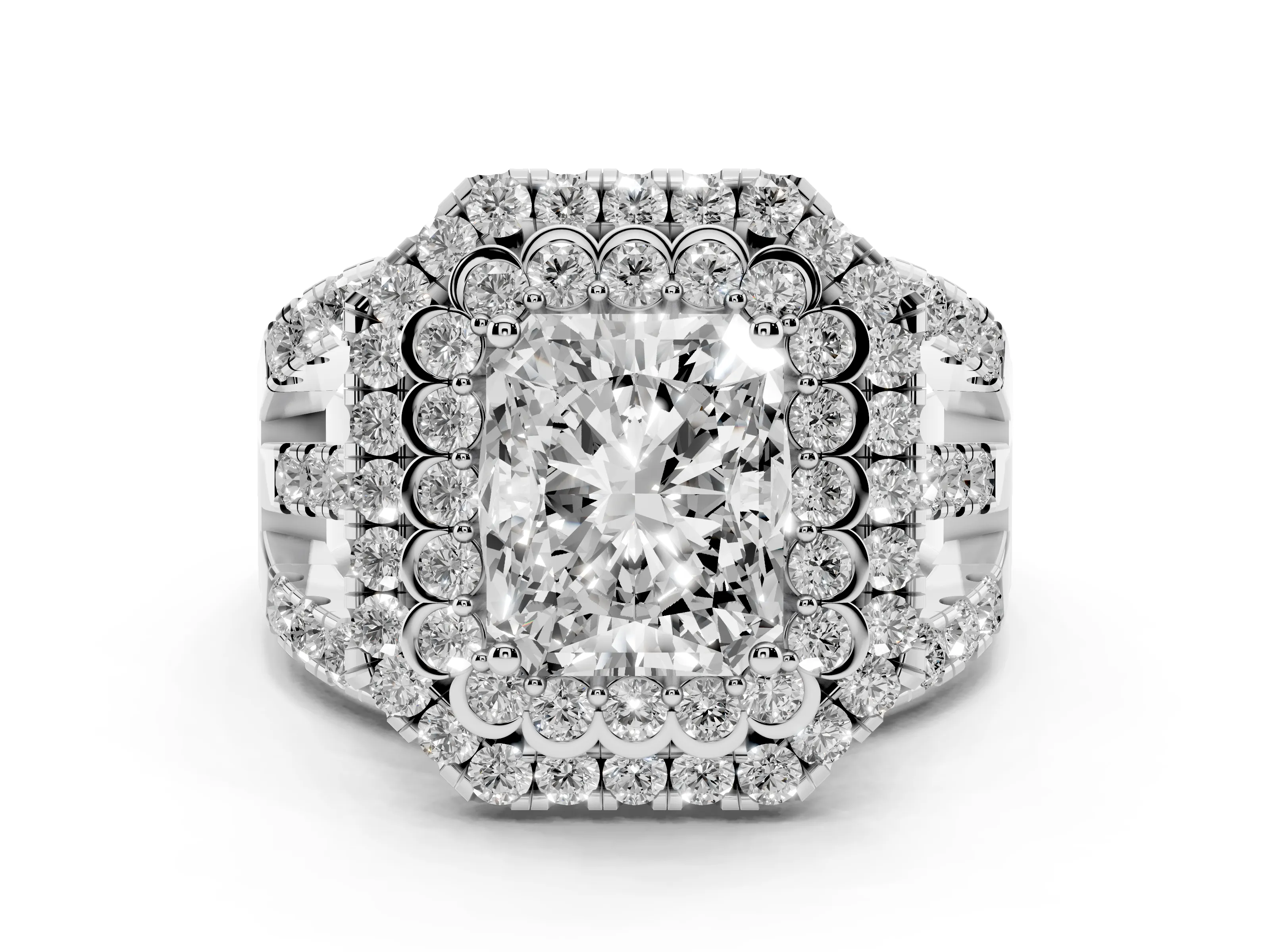 Radiant Cut Diamond Double Halo Ring Set in White gold with Round Pavé Split Shank