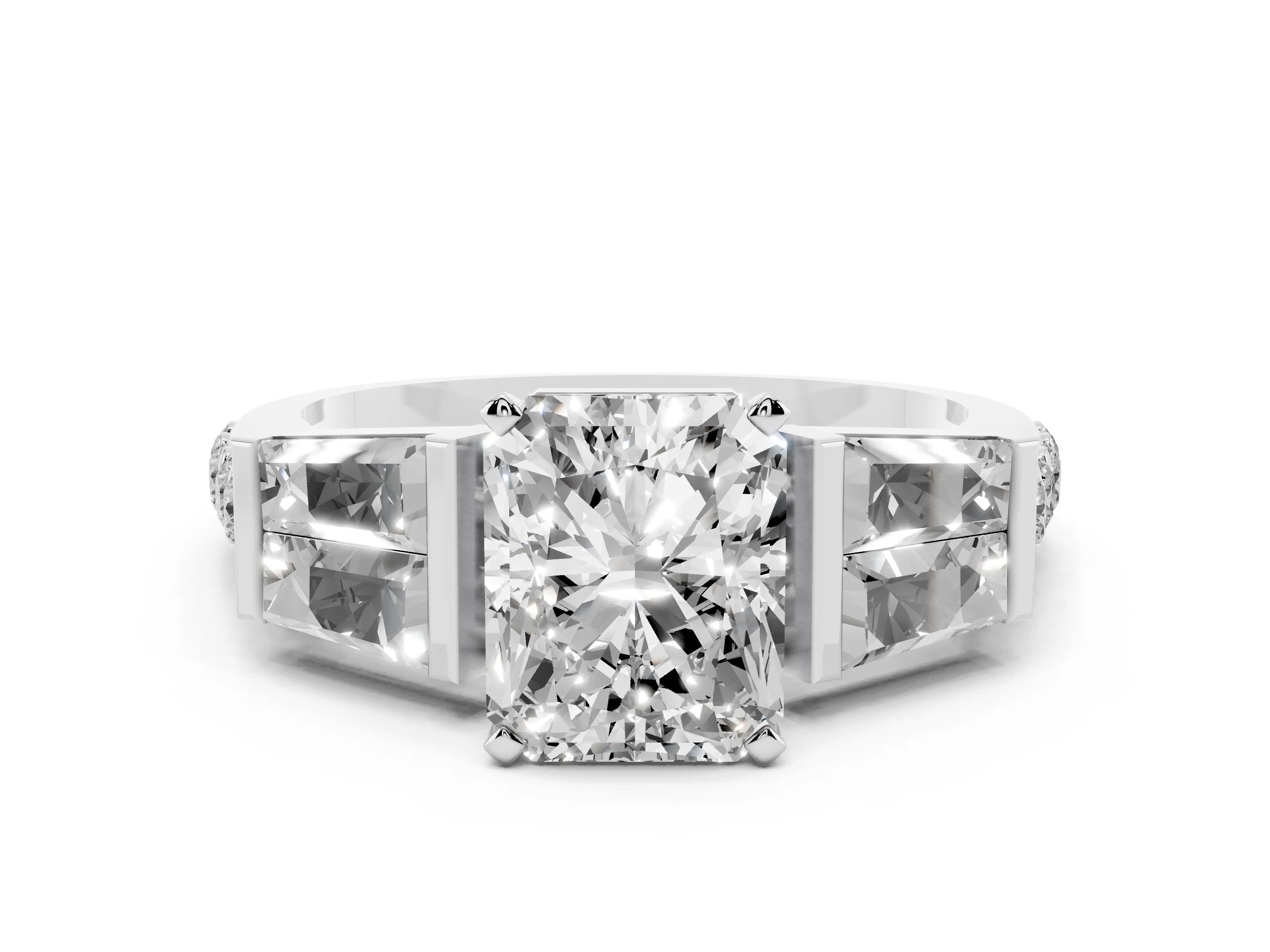 Radiant Cut Diamond Engagement Ring Set in Platinum with Baguette Side Stones and Channel Set Band