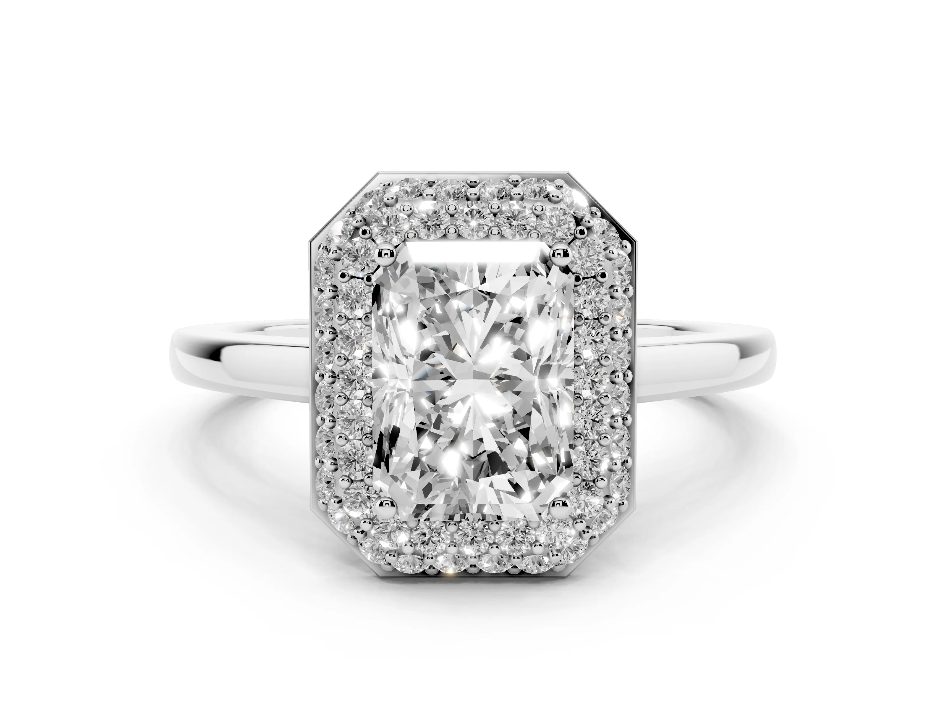 Radiant Cut Diamond Halo Engagement Ring Set in Platinum with Solitaire Band and Prong Setting