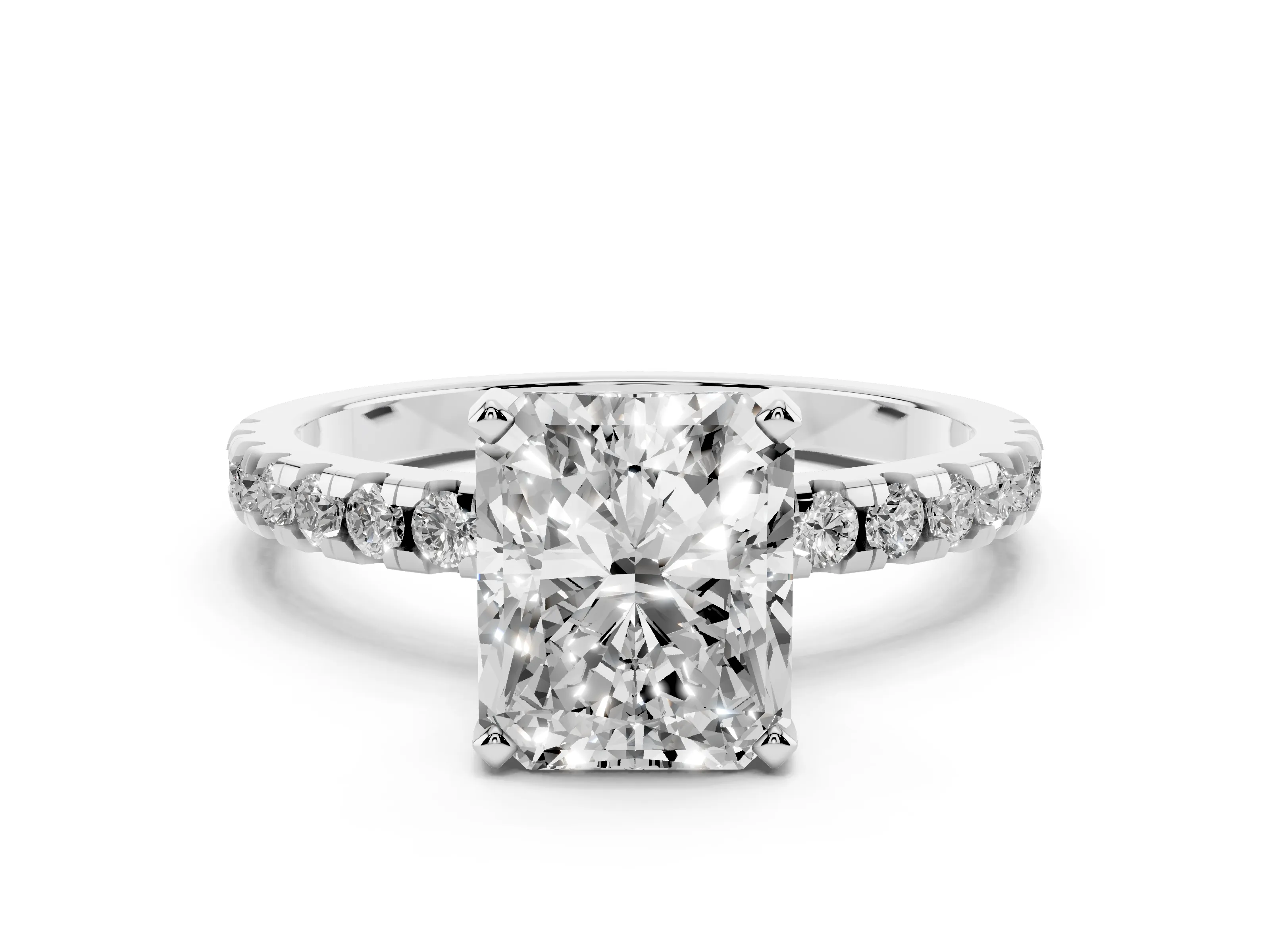 Radiant Cut Diamond Pavé Solitaire Ring Set in White gold with Round Band Accents and Prong Setting