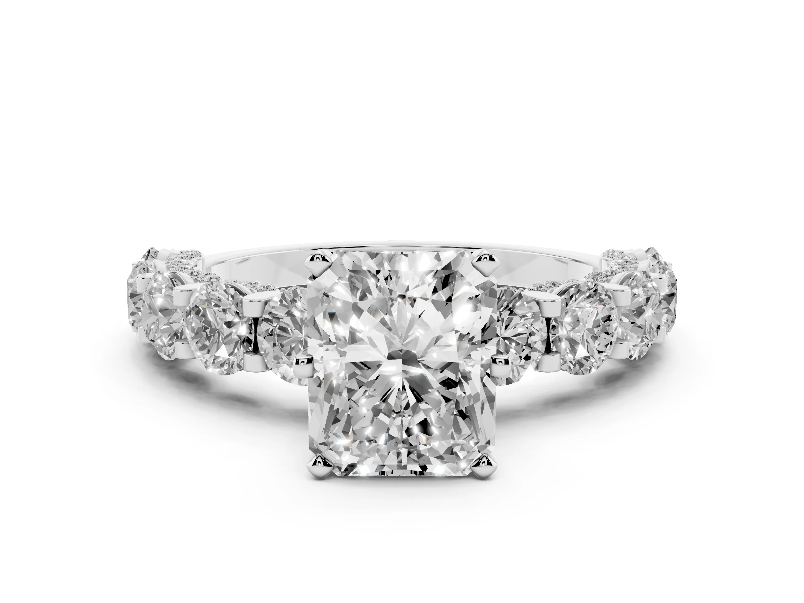 Radiant Cut Diamond Side Stone Ring Set in Silver with Alternating Round and Oval Side Stones