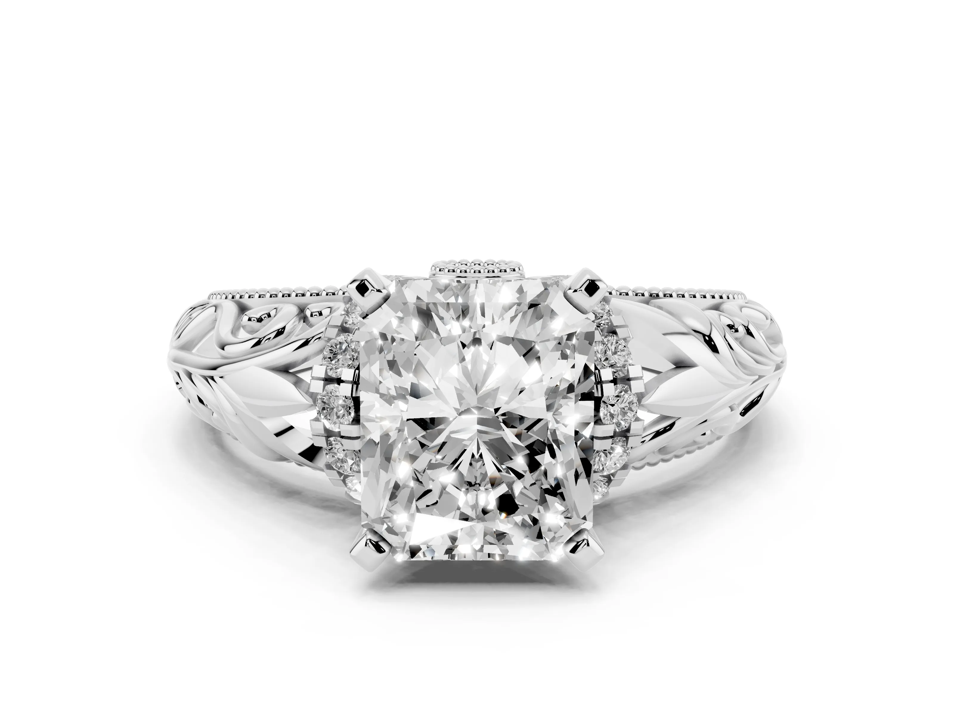 Radiant Cut Diamond Filigree Halo Engagement Ring Set in Silver with Prong Setting