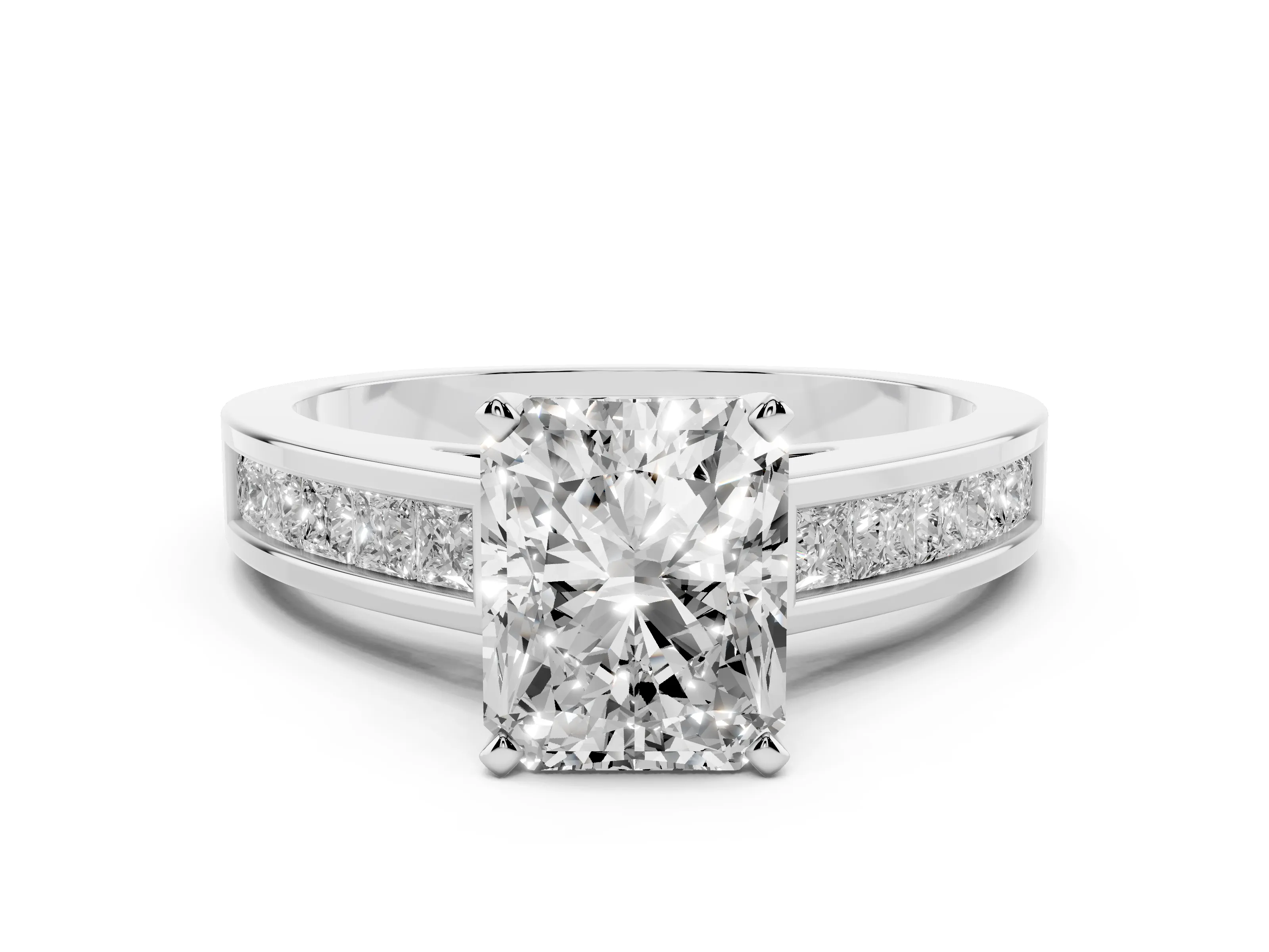 Radiant Cut Diamond Solitaire Ring Set in White gold with Channel-Set Band and Prong Setting