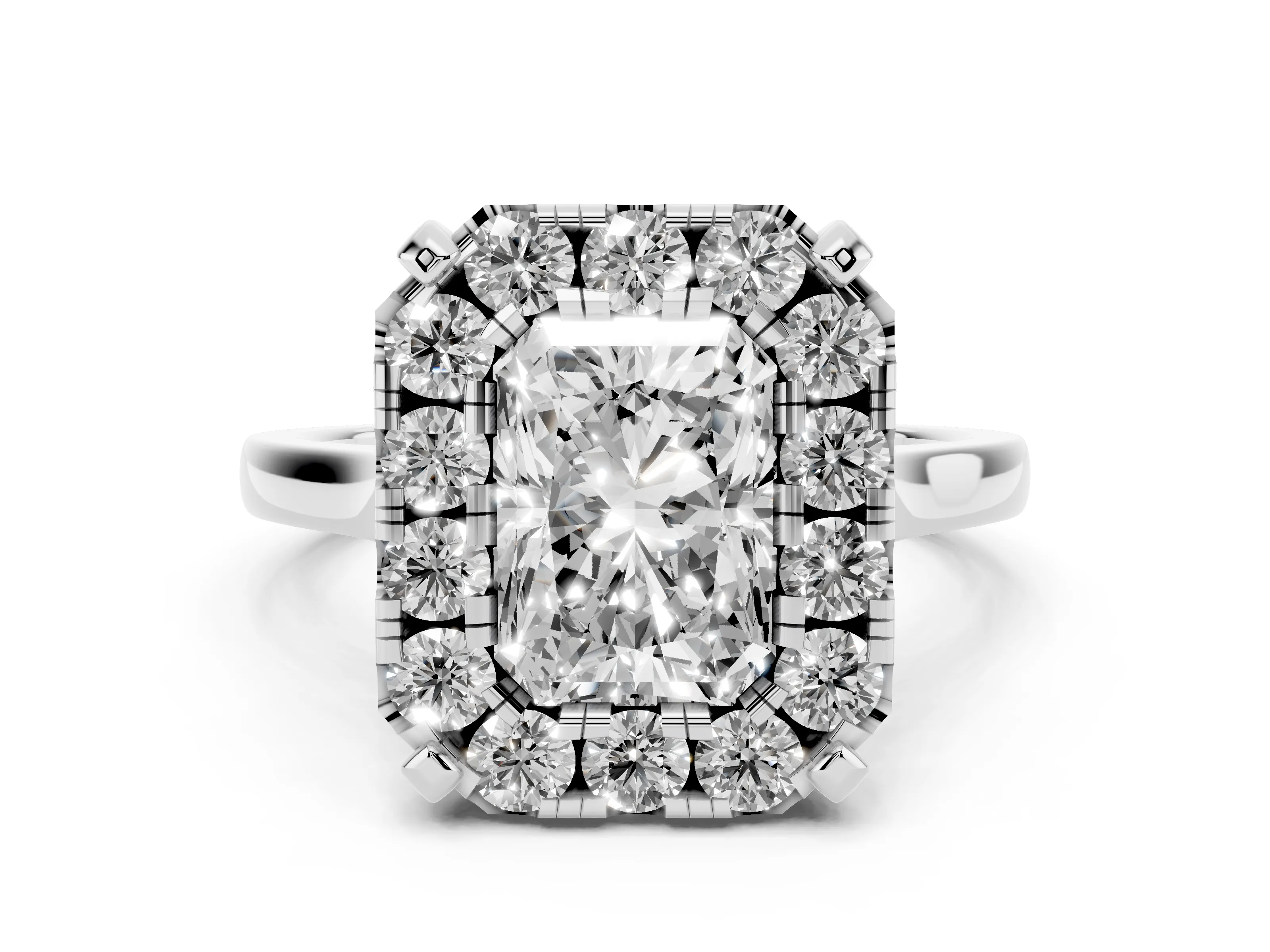 Radiant Cut Diamond Cluster Halo Solitaire Ring Set in White gold with Prong Setting