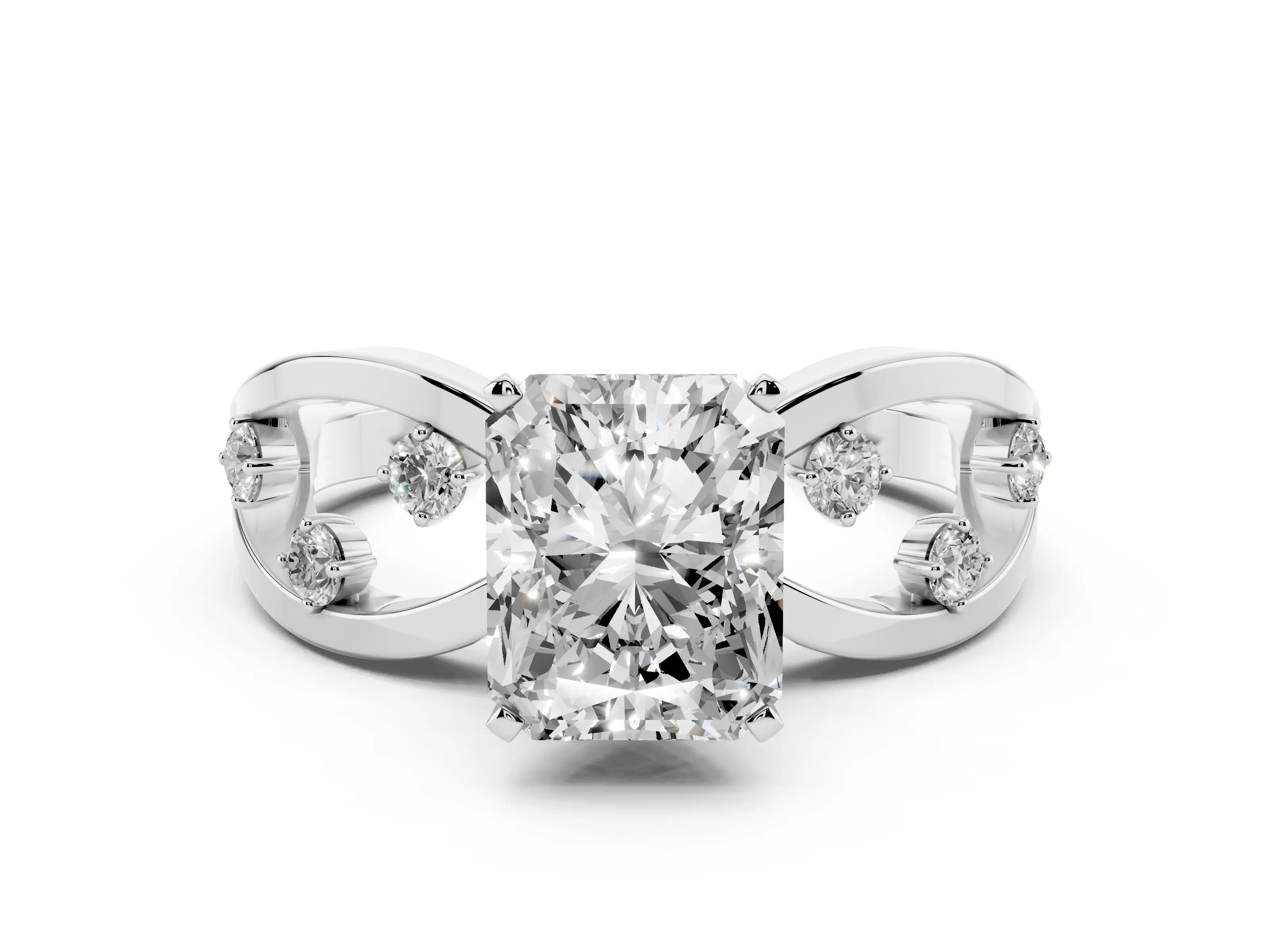 Radiant Cut Diamond Solitaire Ring Set in Platinum with Side Stones on Criss-Cross Band and Prong Setting