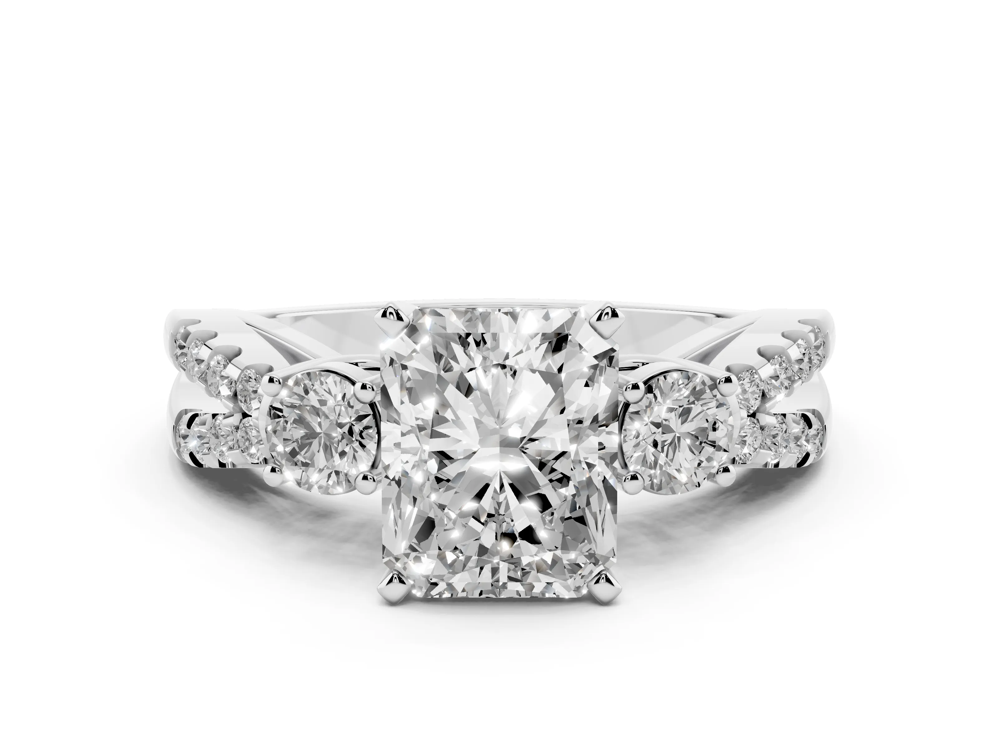 Radiant Cut Diamond Three-Stone Ring Set in Platinum with Pavé Split Shank and Prong Setting