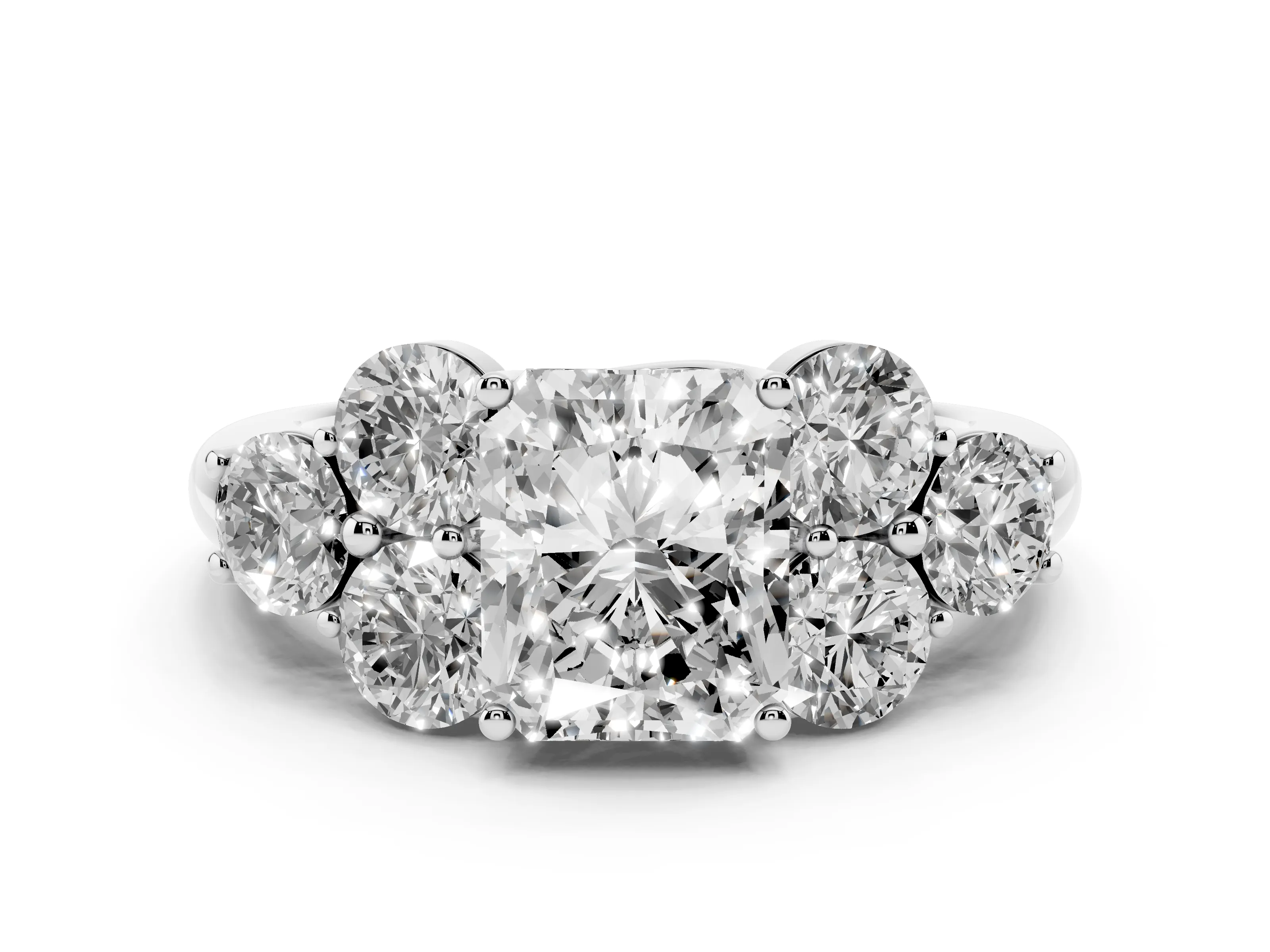Radiant Cut Diamond Cluster Ring Set in Platinum with Round Accent Stones and Prong Setting on a Plain Band