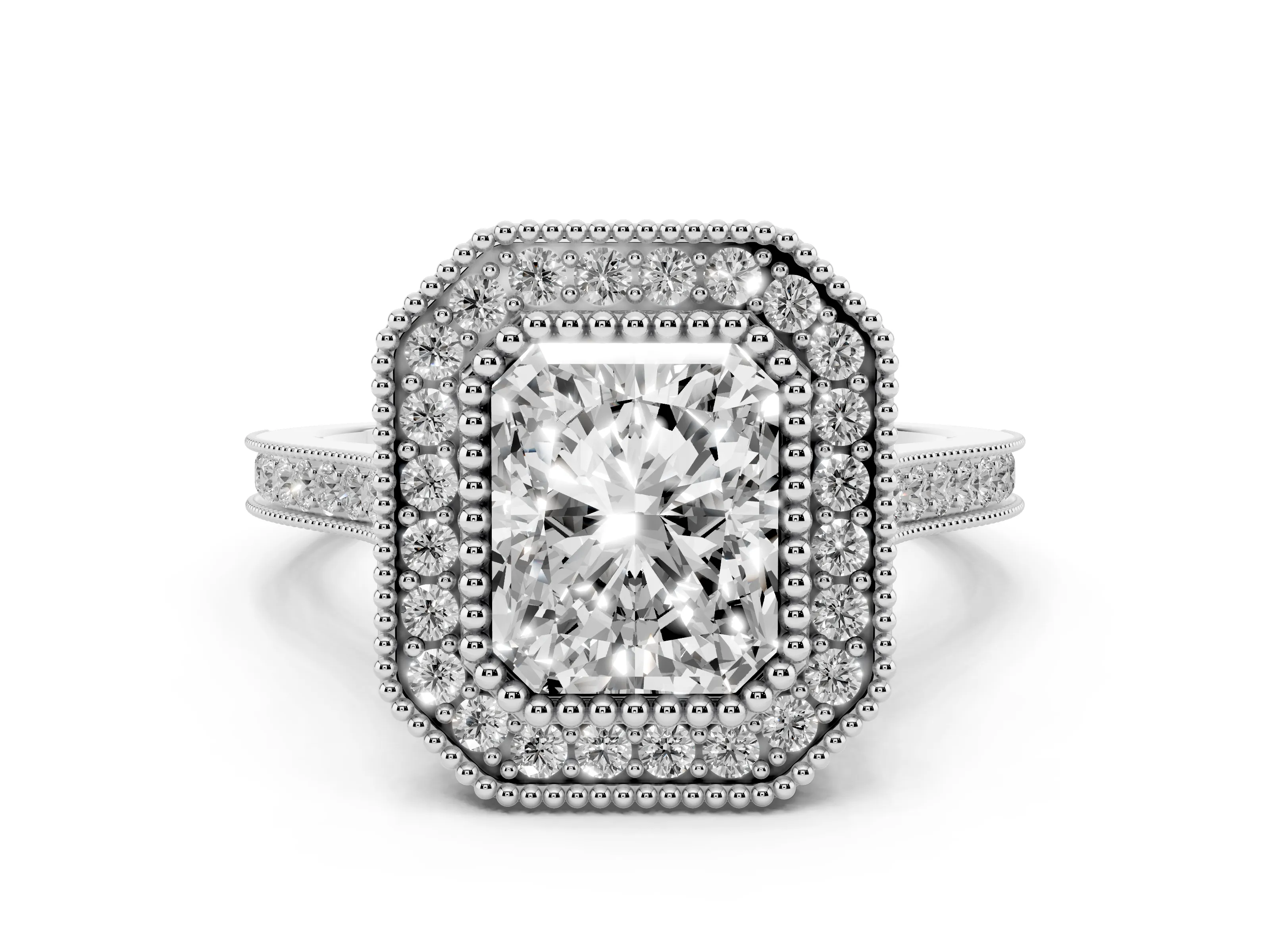 Radiant Cut Diamond Halo Ring Set in White gold with Milgrain Frame and Pavé Band