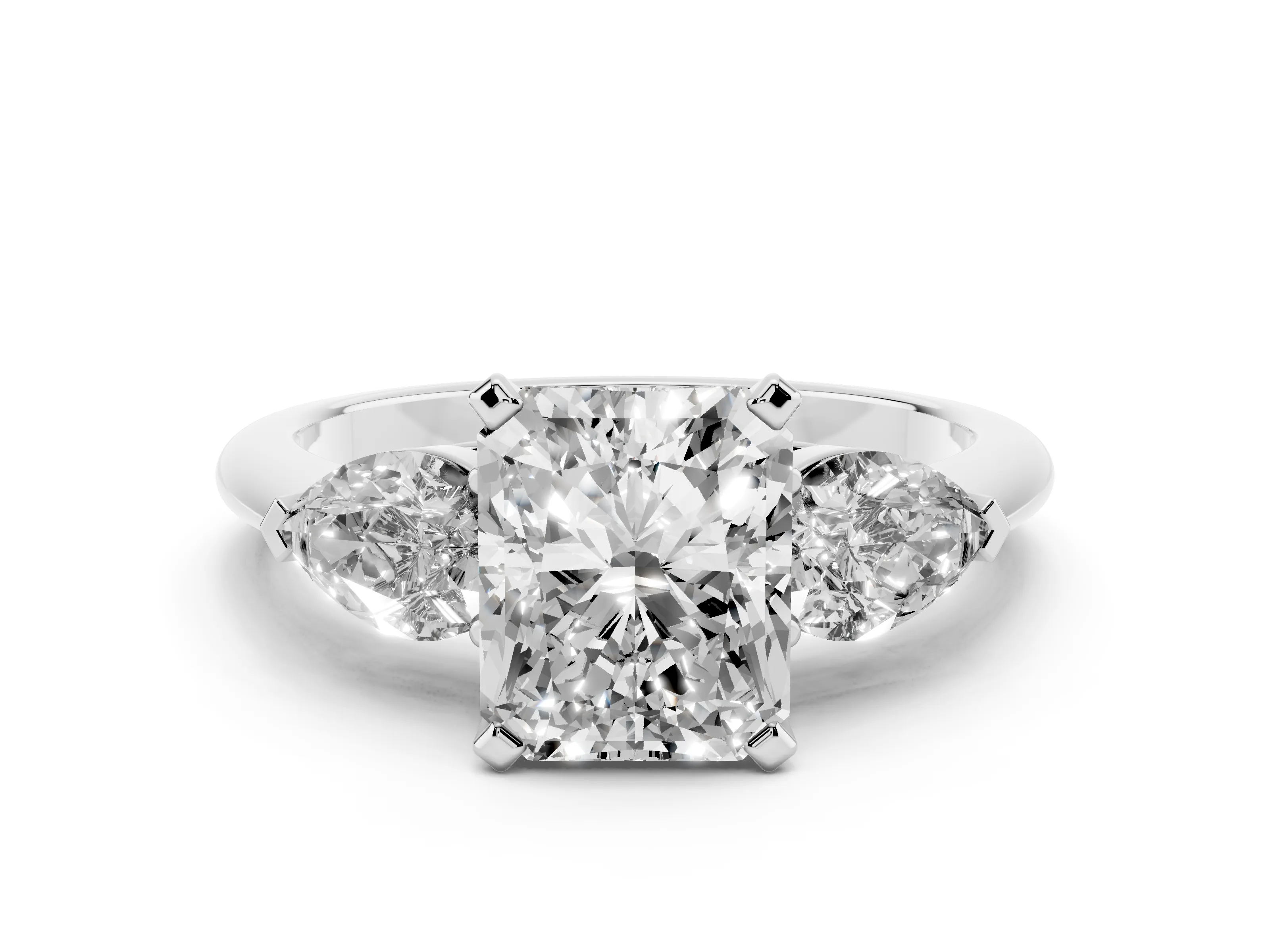 Three-Stone Radiant Cut Diamond Ring Set in Silver with Pear Side Stones and Prong Setting