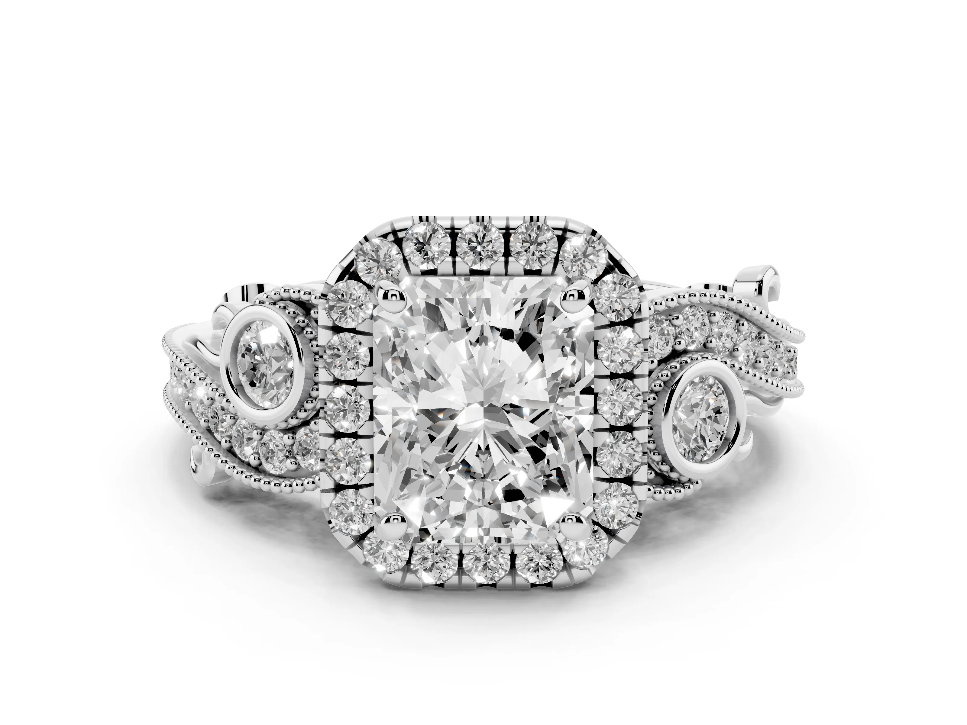 Radiant Cut Diamond Halo Ring Set in White gold with Milgrain Pavé Band and Prong Setting