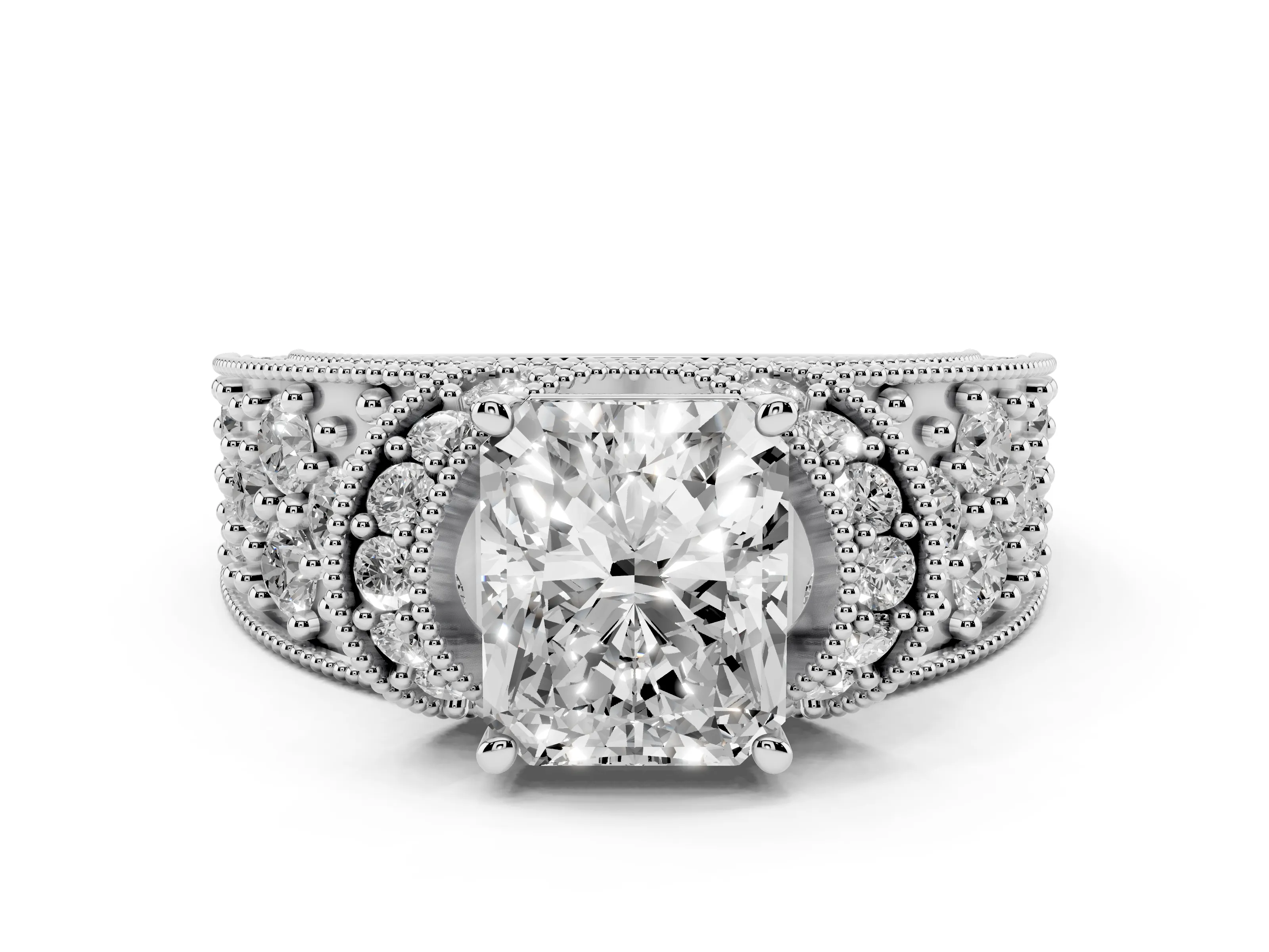 Radiant Cut Diamond Milgrain Halo Pavé Engagement Ring Set in White gold with Prong Setting