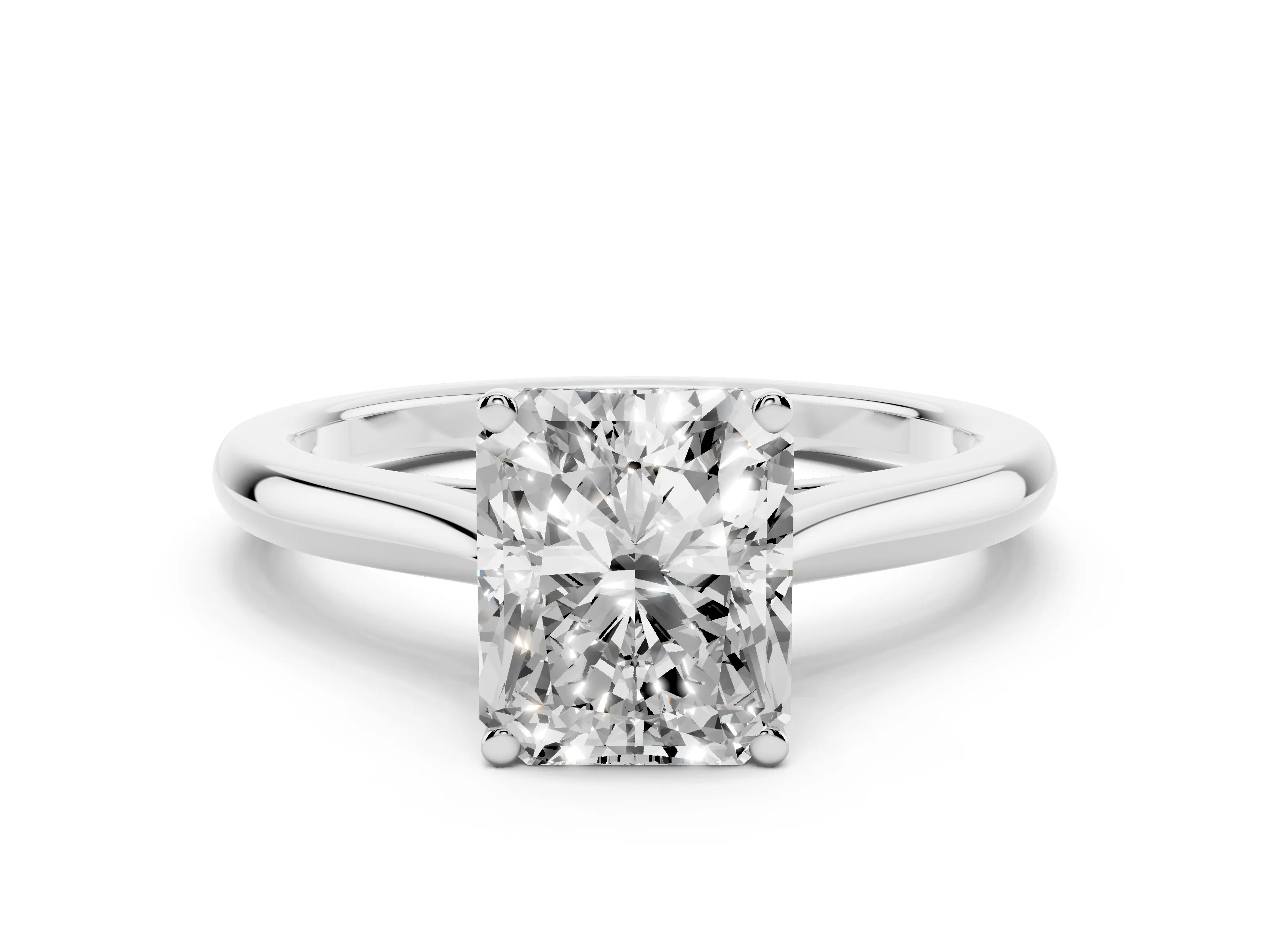Radiant Cut Diamond Solitaire Ring Set in Silver with Cathedral Band and Prong Setting