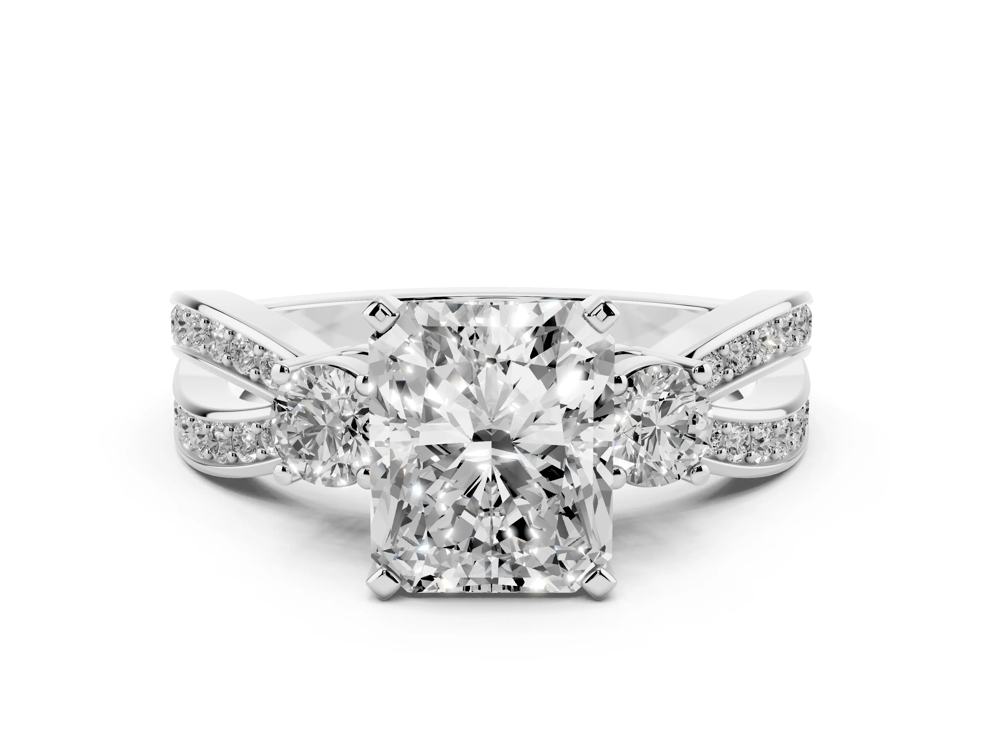 Three-Stone Radiant Cut Diamond Twist Band Ring Set in White gold with Pavé Accents and Prong Setting