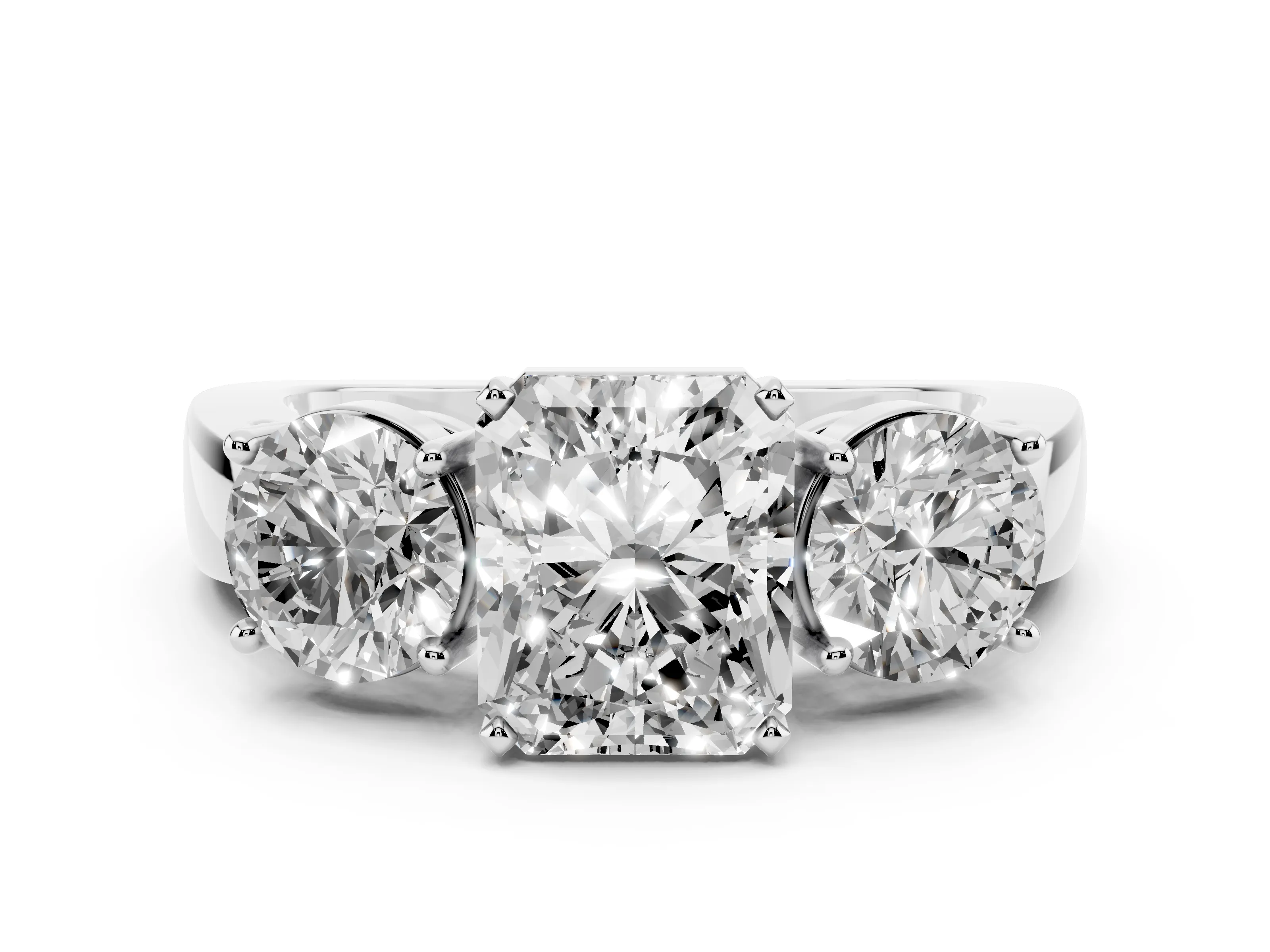Radiant Cut Diamond Three-Stone Ring Set in Platinum with Round Side Stones and Classic Band