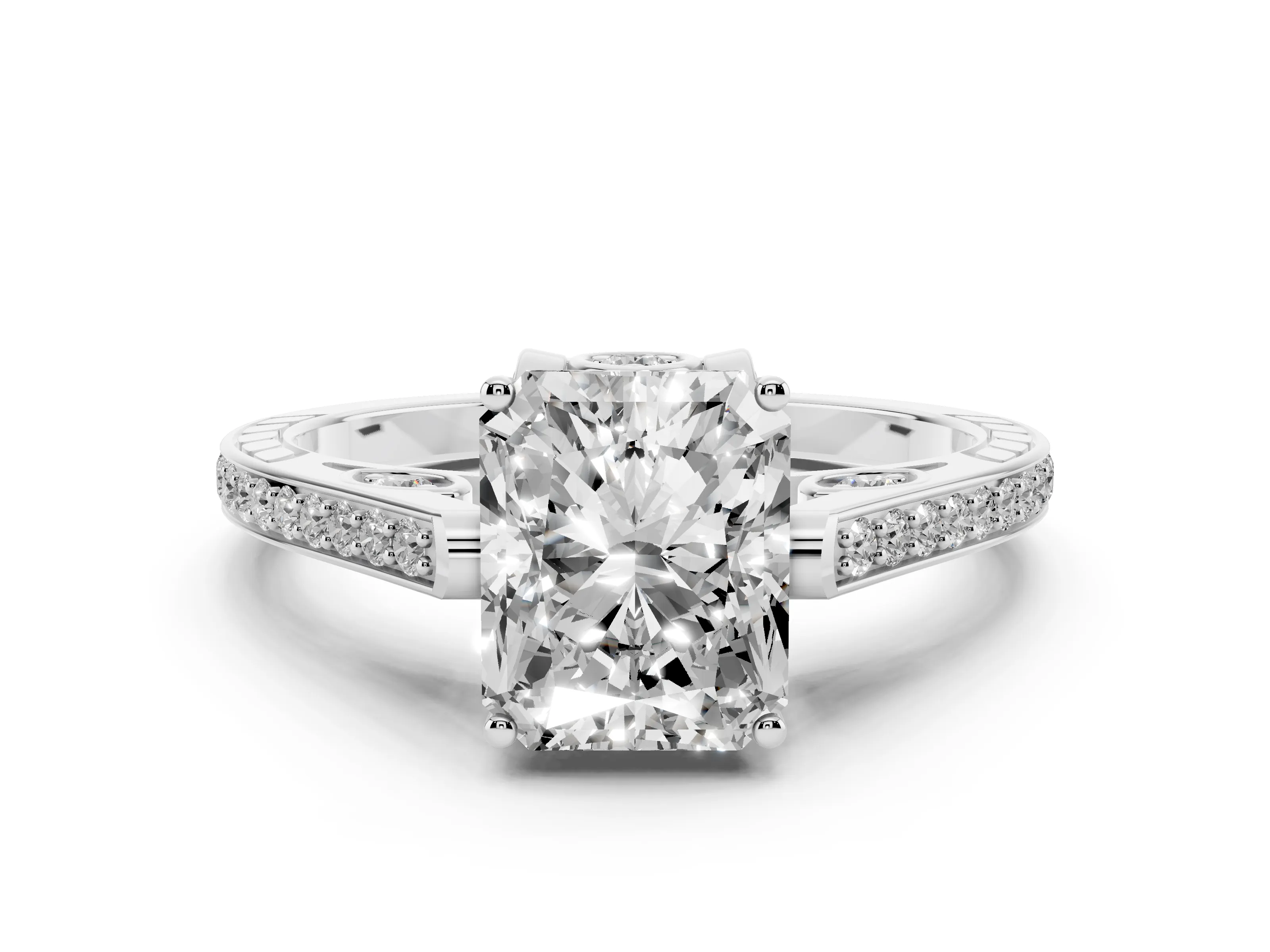 Radiant Cut Diamond Cathedral Pavé Engagement Ring Set in White gold with Prong Setting