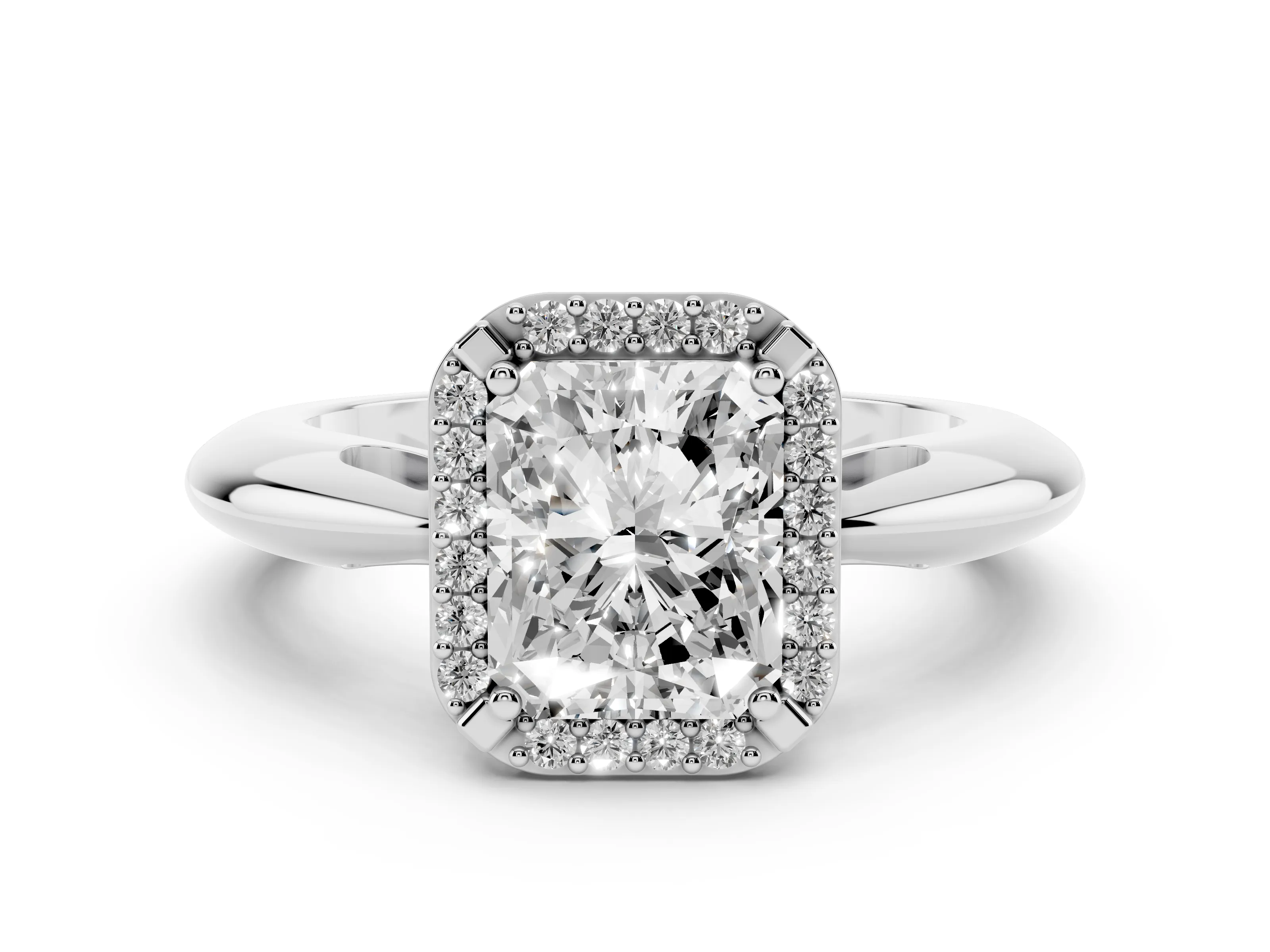 Radiant Cut Diamond Halo Engagement Ring Set in White gold with Plain Split Shank and Prong Setting