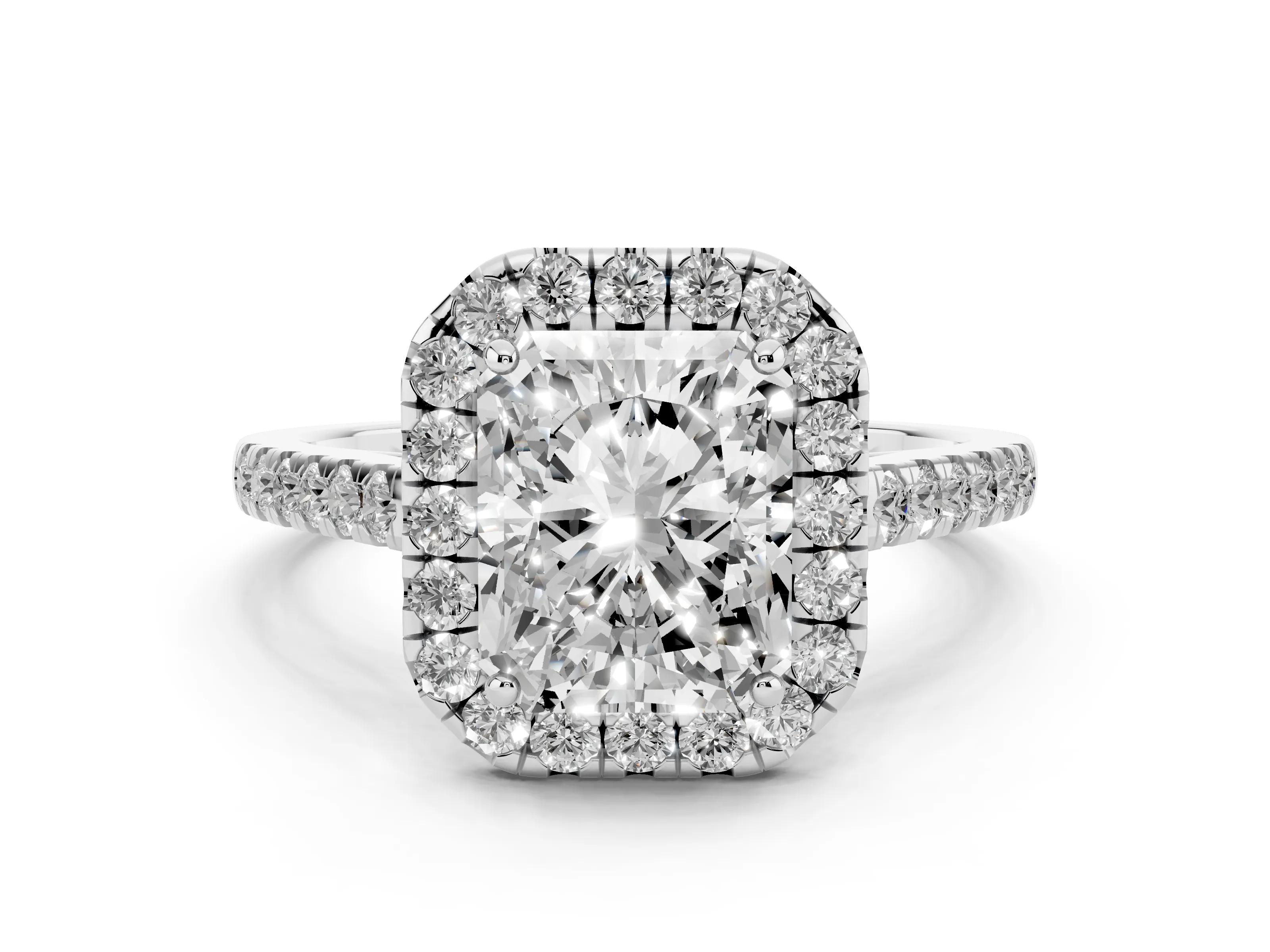 Radiant Cut Diamond Halo Pavé Engagement Ring Set in Platinum with Prong Setting