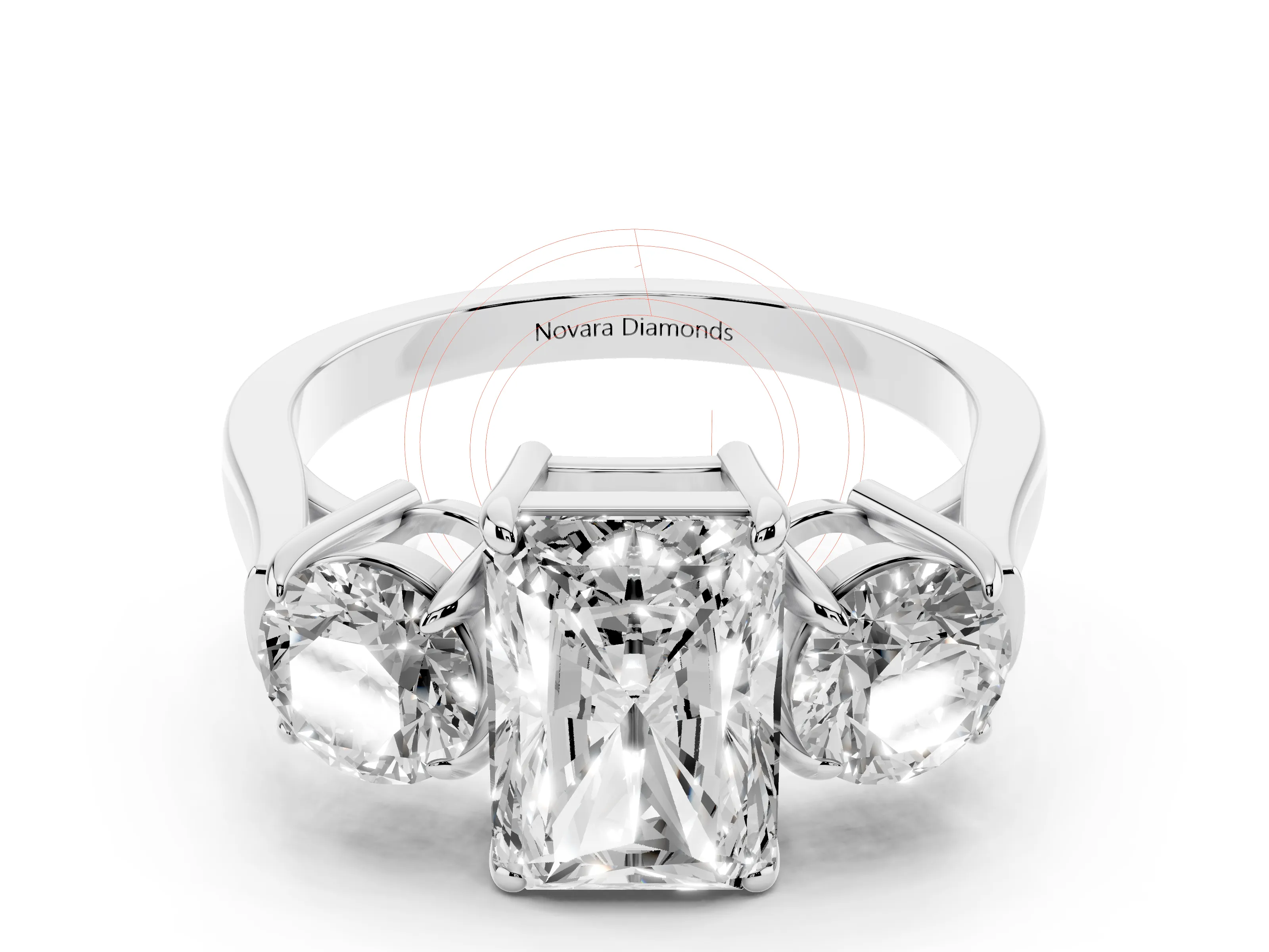 Radiant Cut Diamond Three-Stone Ring Set in Platinum with Round Accent Stones and Plain Band