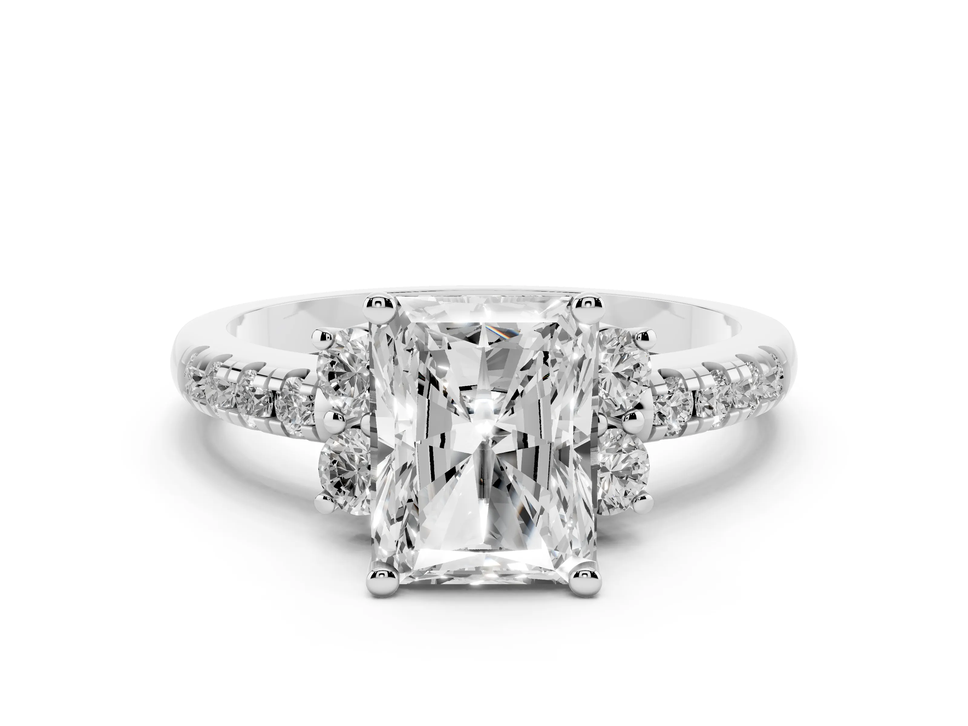 Radiant Cut Diamond Three-Stone Pavé Ring Set in Platinum with Prong Setting