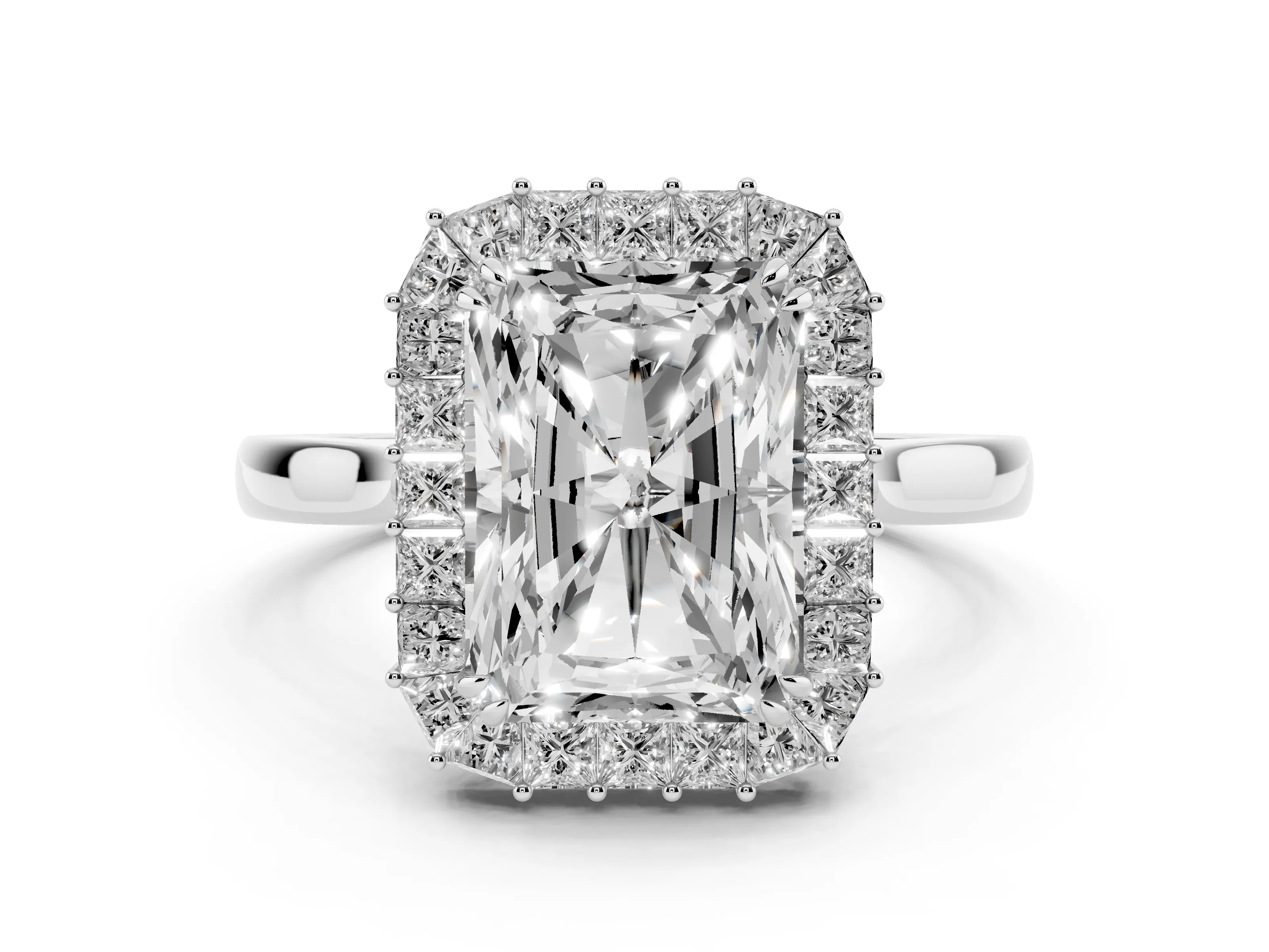Radiant Diamond Baguette Halo Ring Set in Platinum with Round Accents and Slim Band