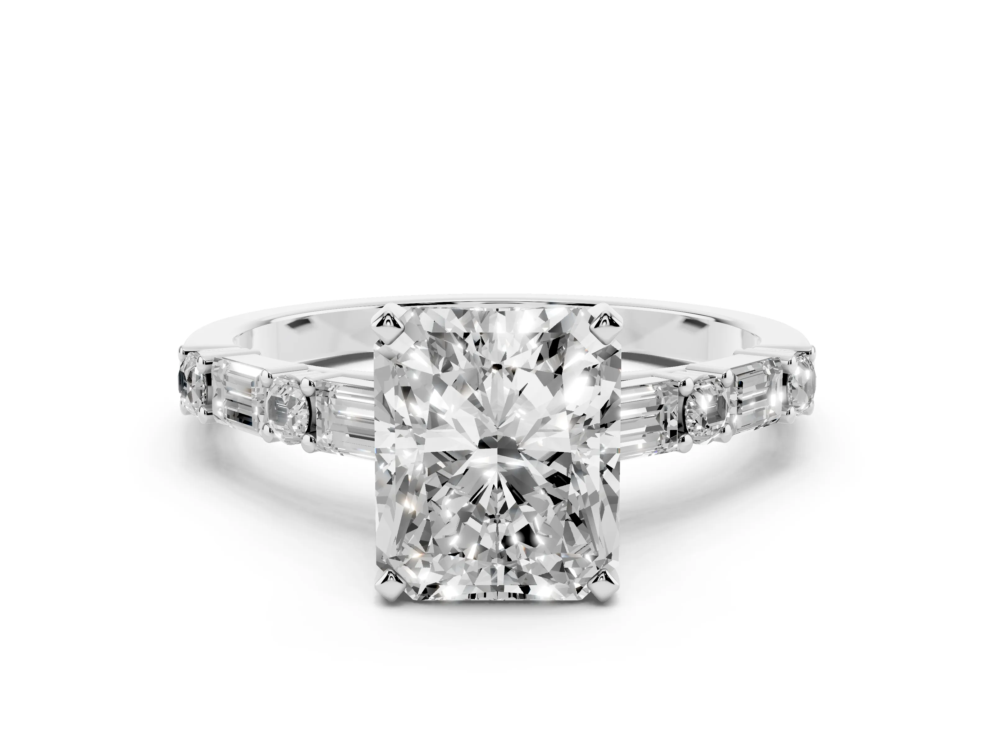 Radiant Cut Diamond Solitaire Set in White gold with Side Baguettes and Channel Set Band
