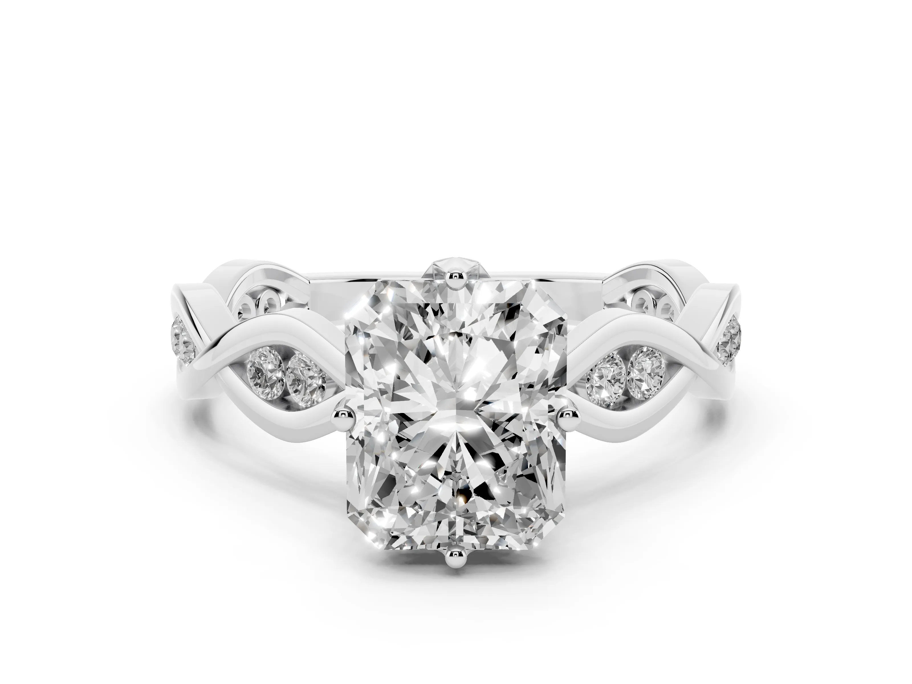 Radiant Cut Diamond Twist Band Solitaire Ring Set in White gold with Leaf Prong Setting and Accent Stones