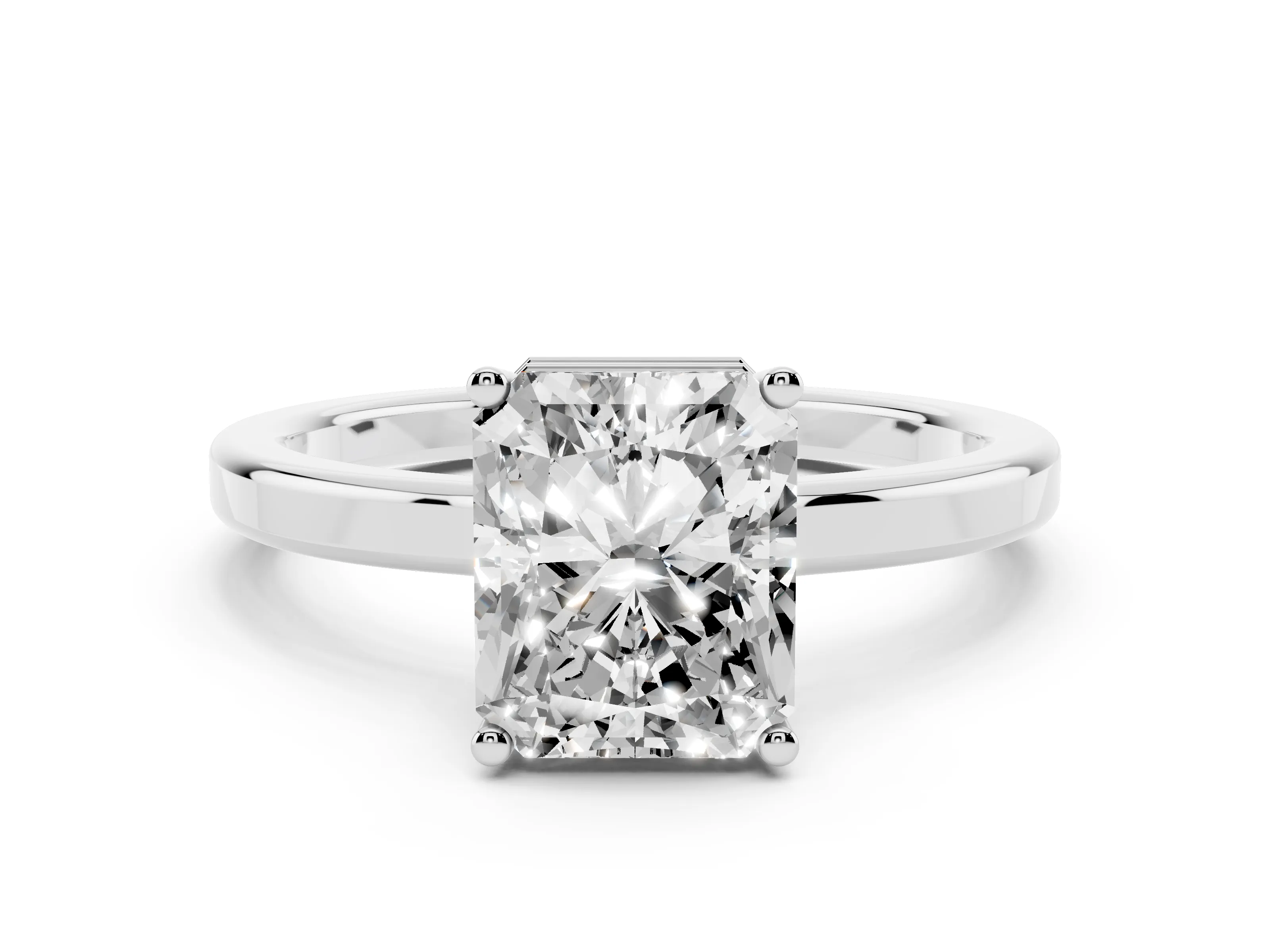 Radiant Cut Diamond Solitaire Engagement Ring Set in Platinum with Prong Setting on a Plain Band