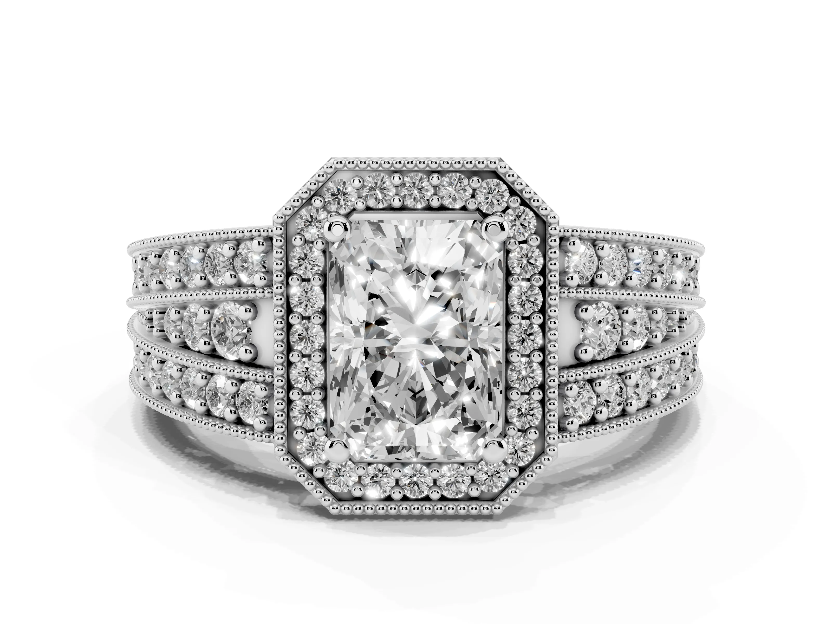 Radiant Cut Diamond Halo Ring Set in Platinum with Accent Split Shank and Prong Setting