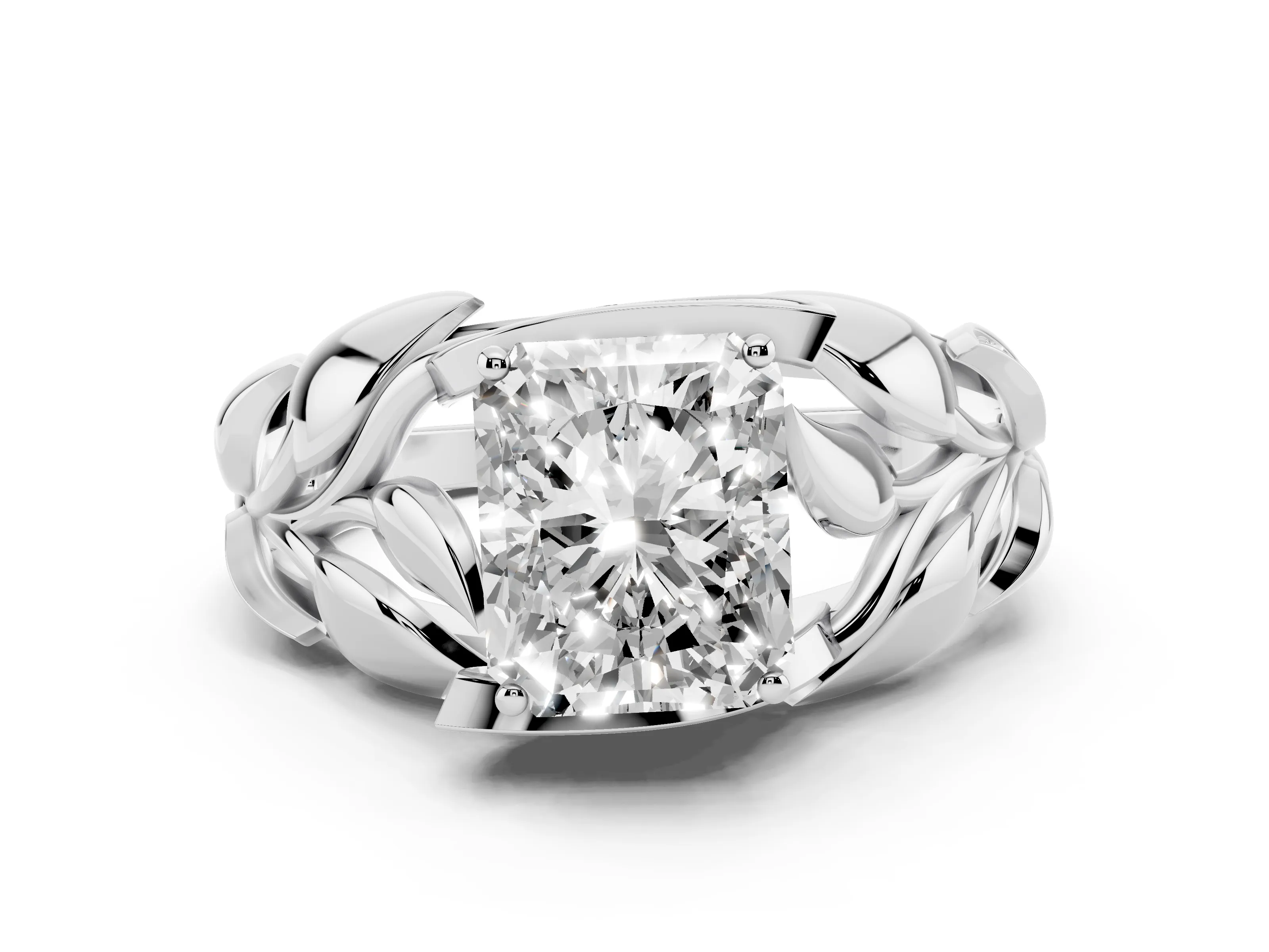 Radiant Cut Diamond Leaf-Inspired Engagement Ring Set in Silver with Round Accents
