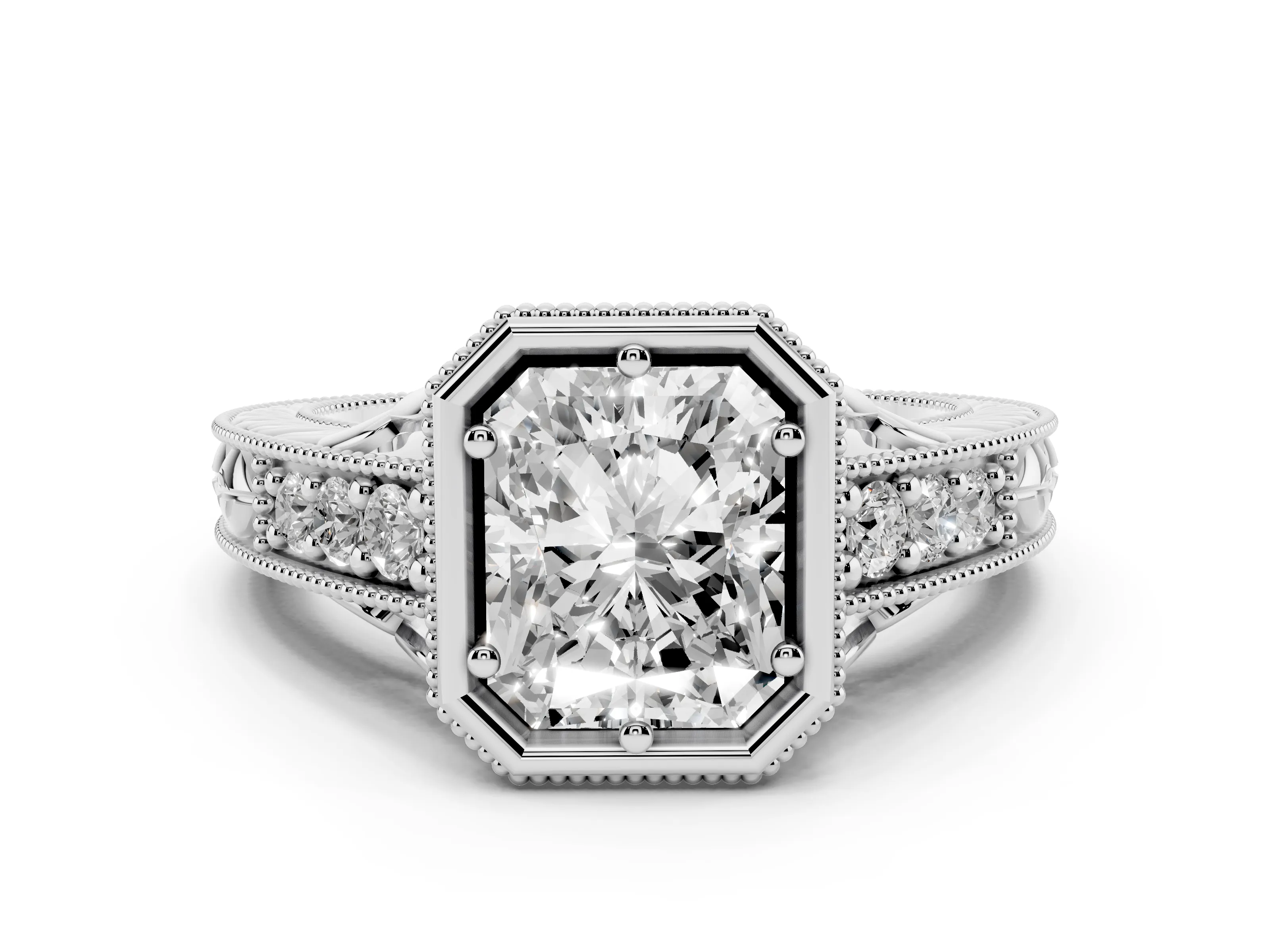 Bezel Set Radiant Cut Diamond Milgrain Pavé Engagement Ring Set in White gold