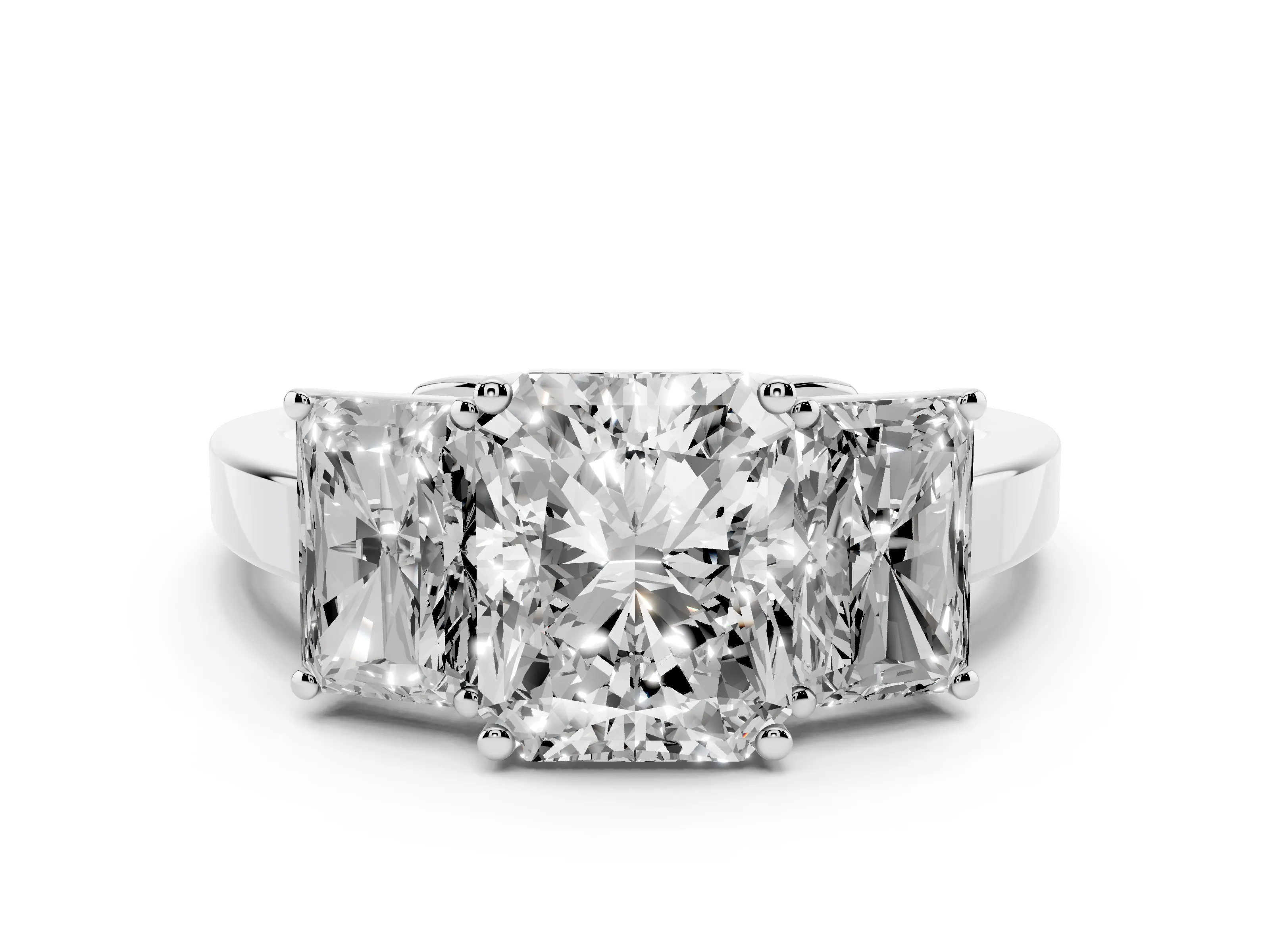 Radiant Cut Diamond Three-Stone Engagement Ring Set in White gold with Flat Band