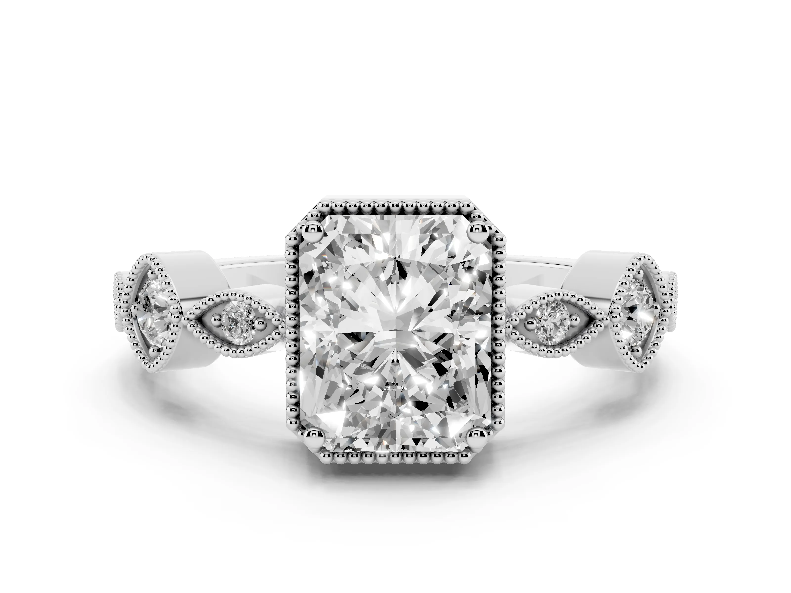 Radiant Cut Diamond Vintage-Inspired Milgrain Ring Set in White gold with Marquise Stations of Round Accents