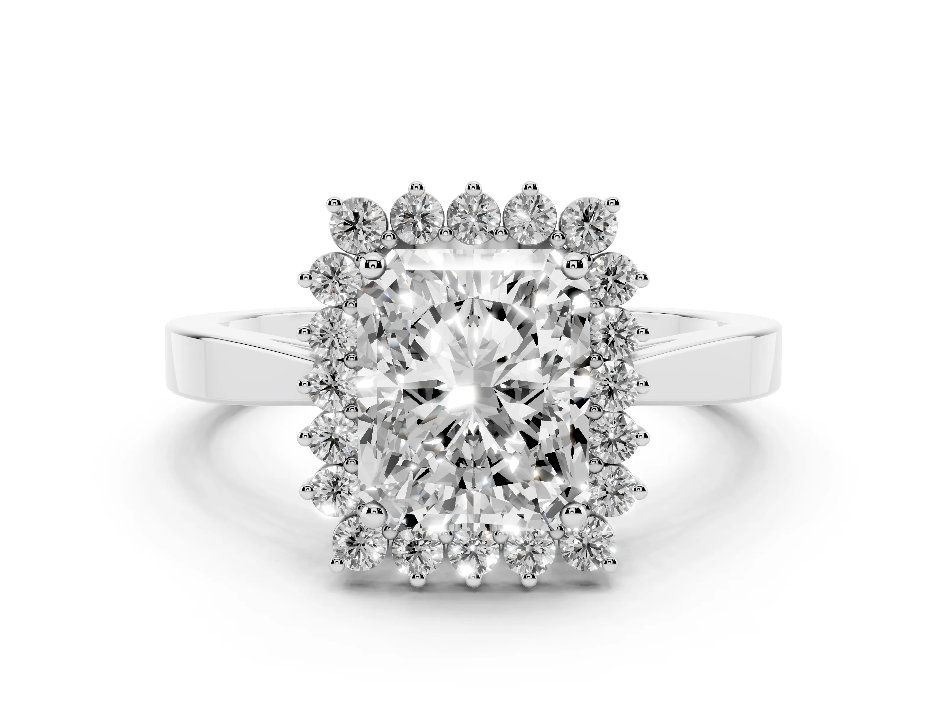 Radiant Cut Diamond Halo Ring Set in Platinum with Round Halo and Smooth Solitaire Band