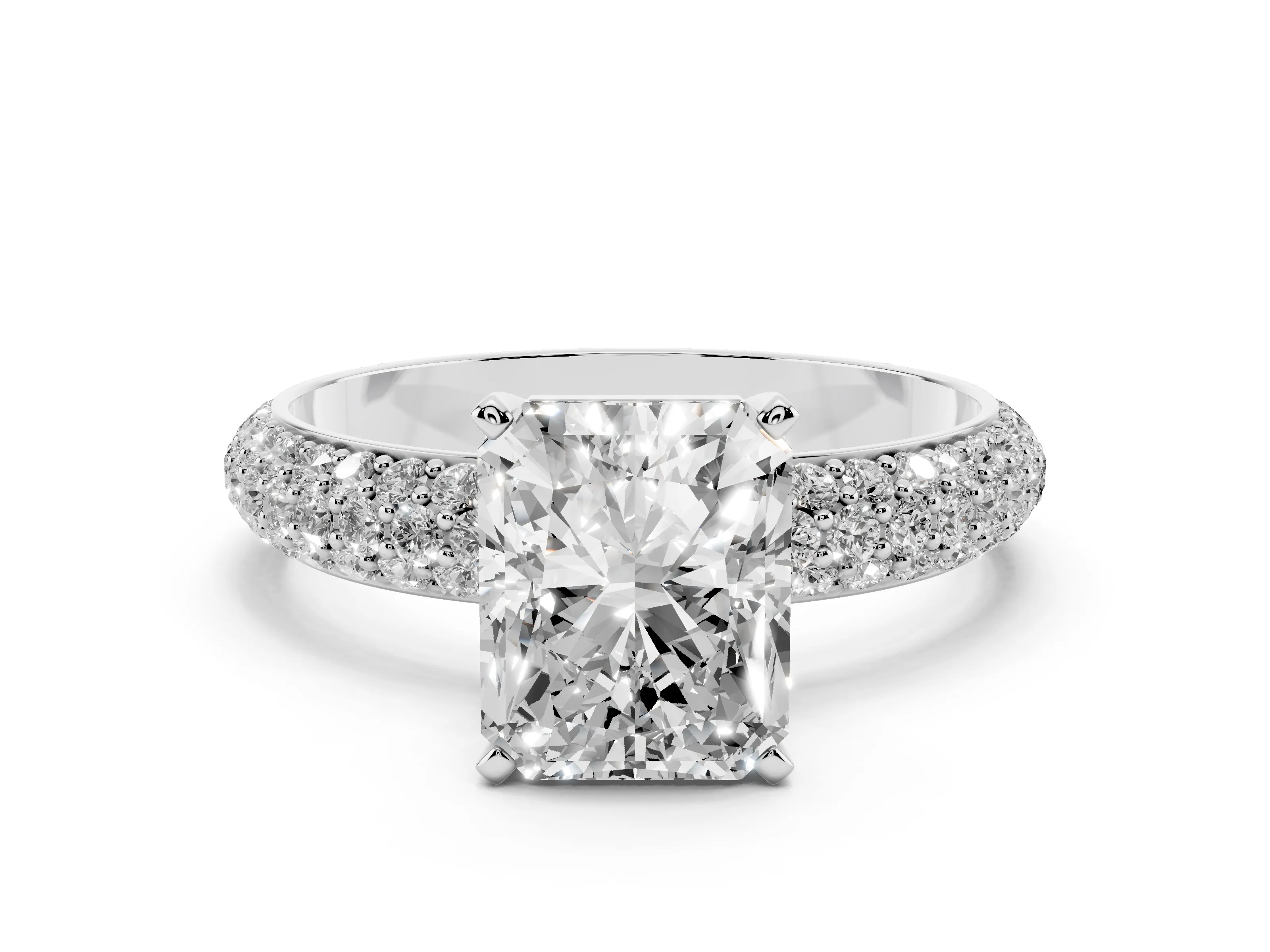 Radiant Cut Diamond Solitaire Ring Set in Platinum with Prong Setting and Pavé-Set Band
