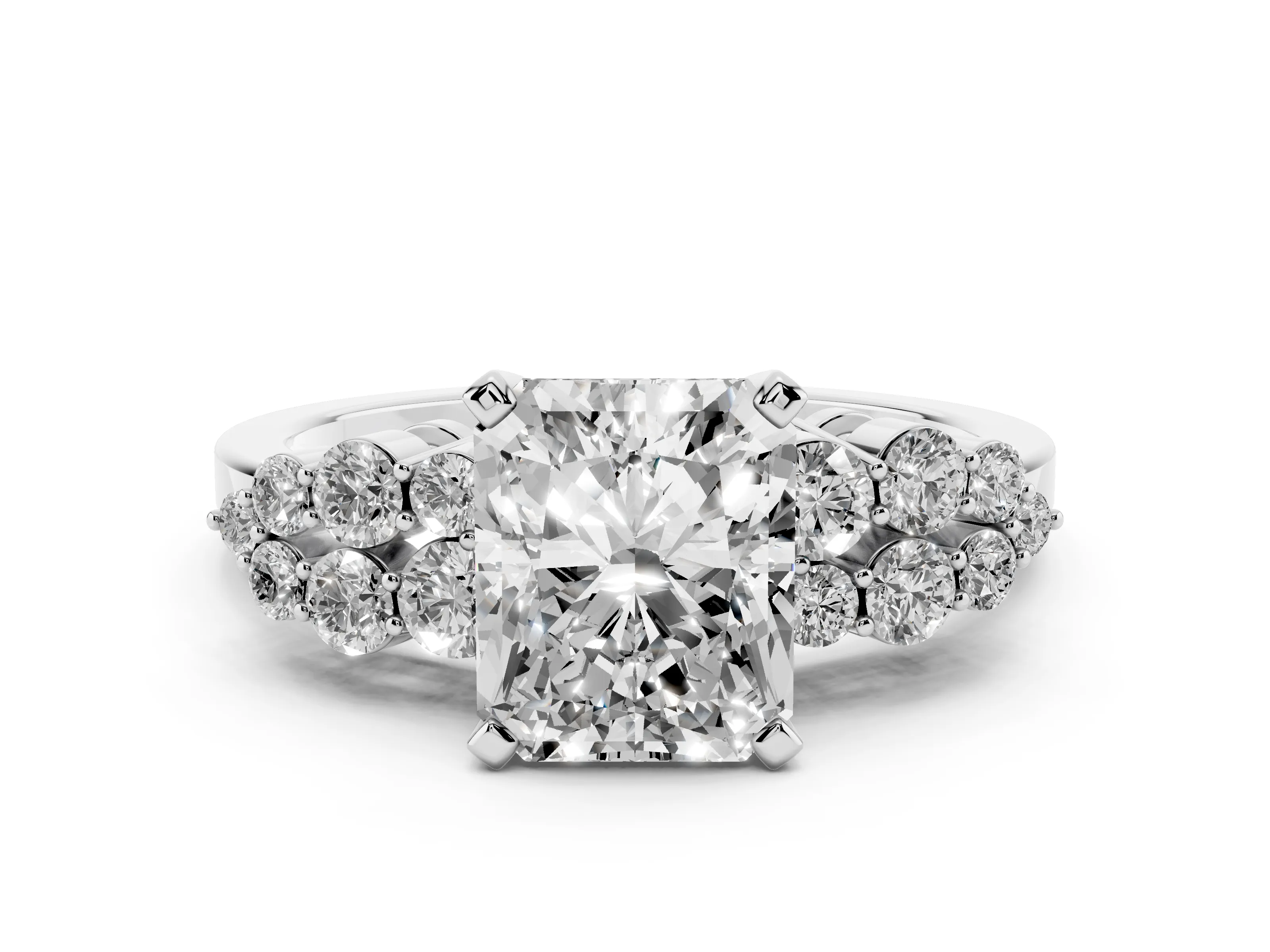 Radiant Cut Diamond Cluster Engagement Ring Set in White gold with Pavé Band and Prong Setting