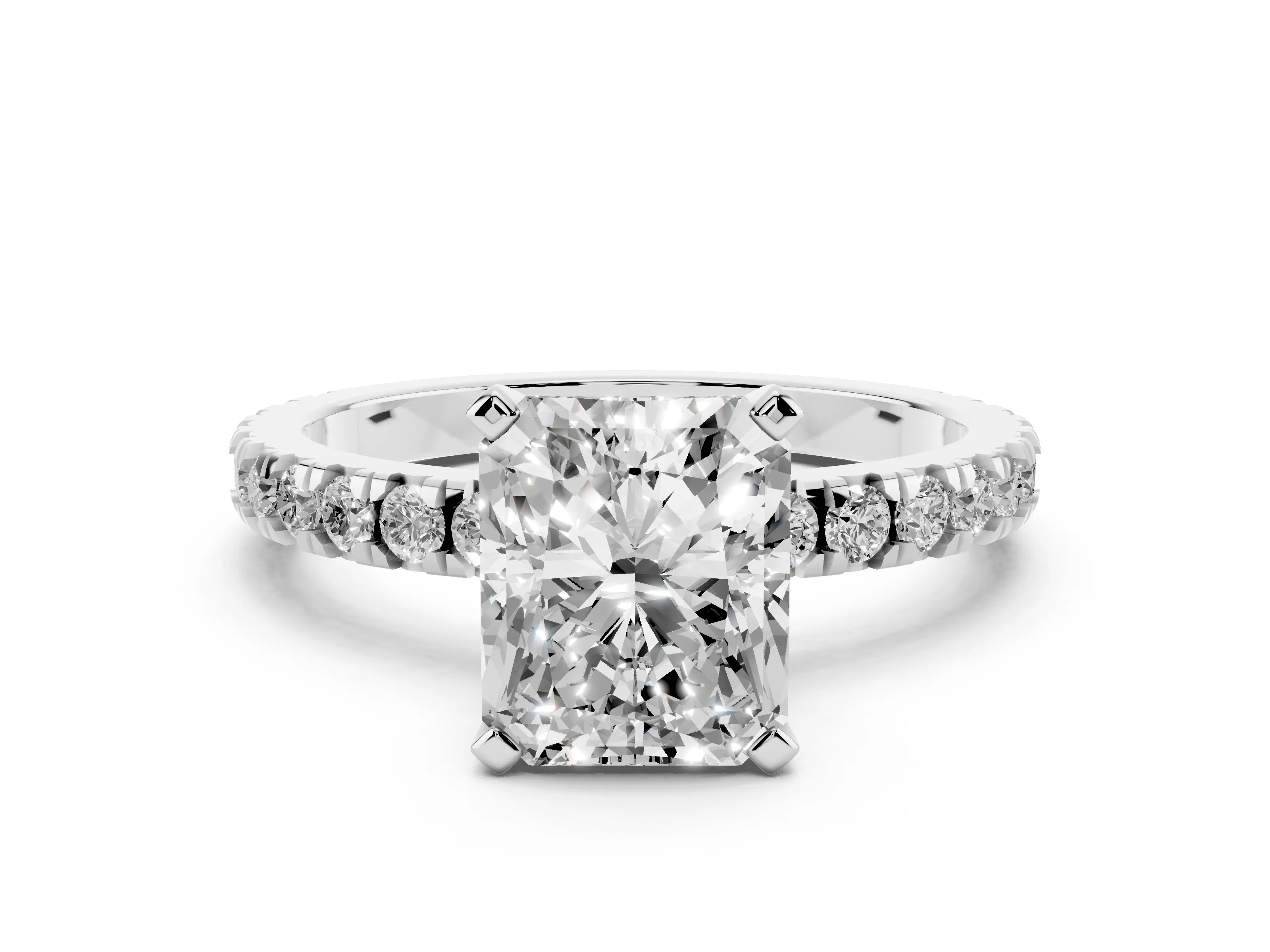 Radiant Cut Diamond Pavé Band Solitaire Set in White gold with Prong Setting