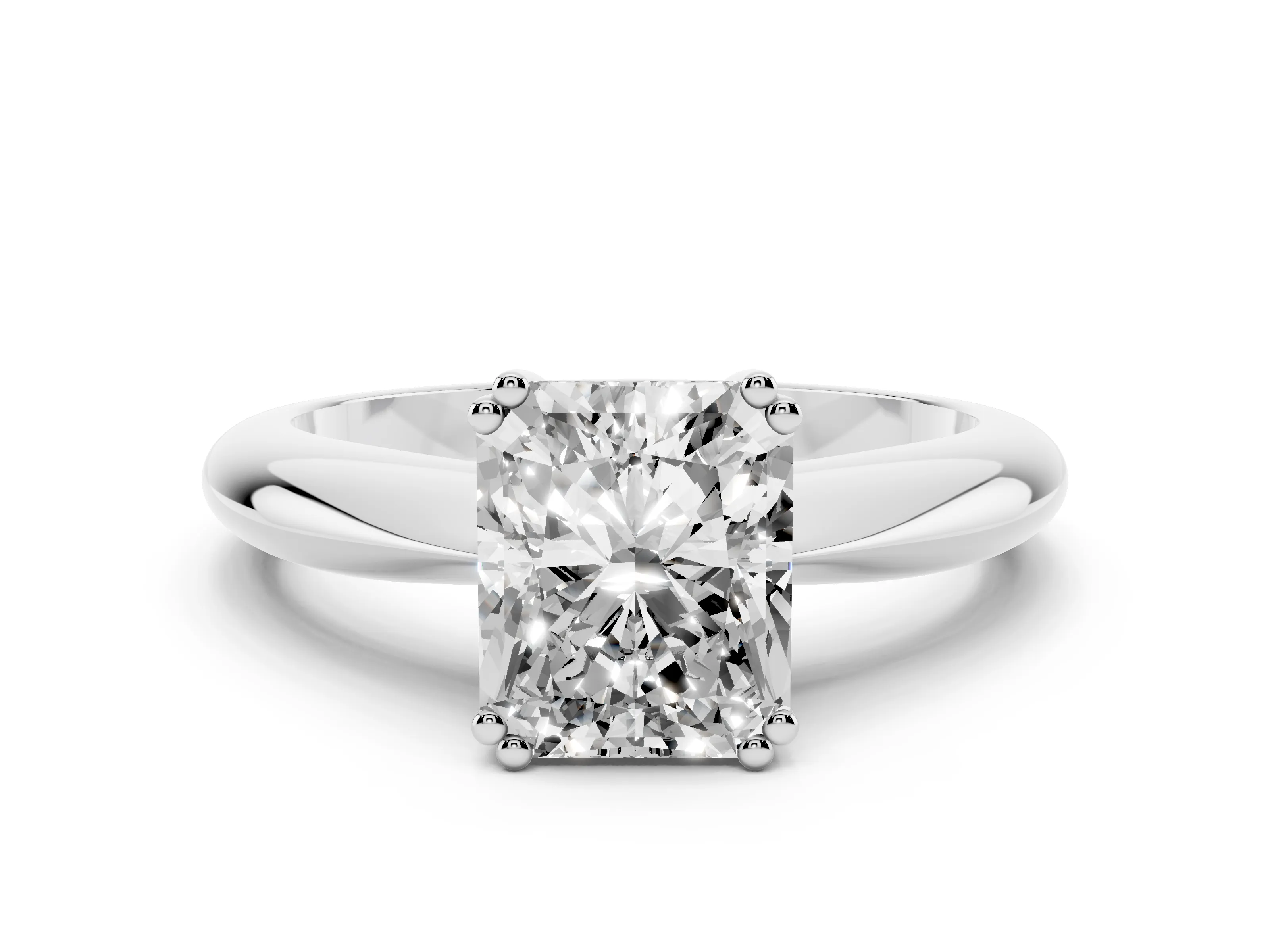 Radiant Cut Diamond Solitaire Engagement Ring Set in White gold with Tapered Band and Prong Setting