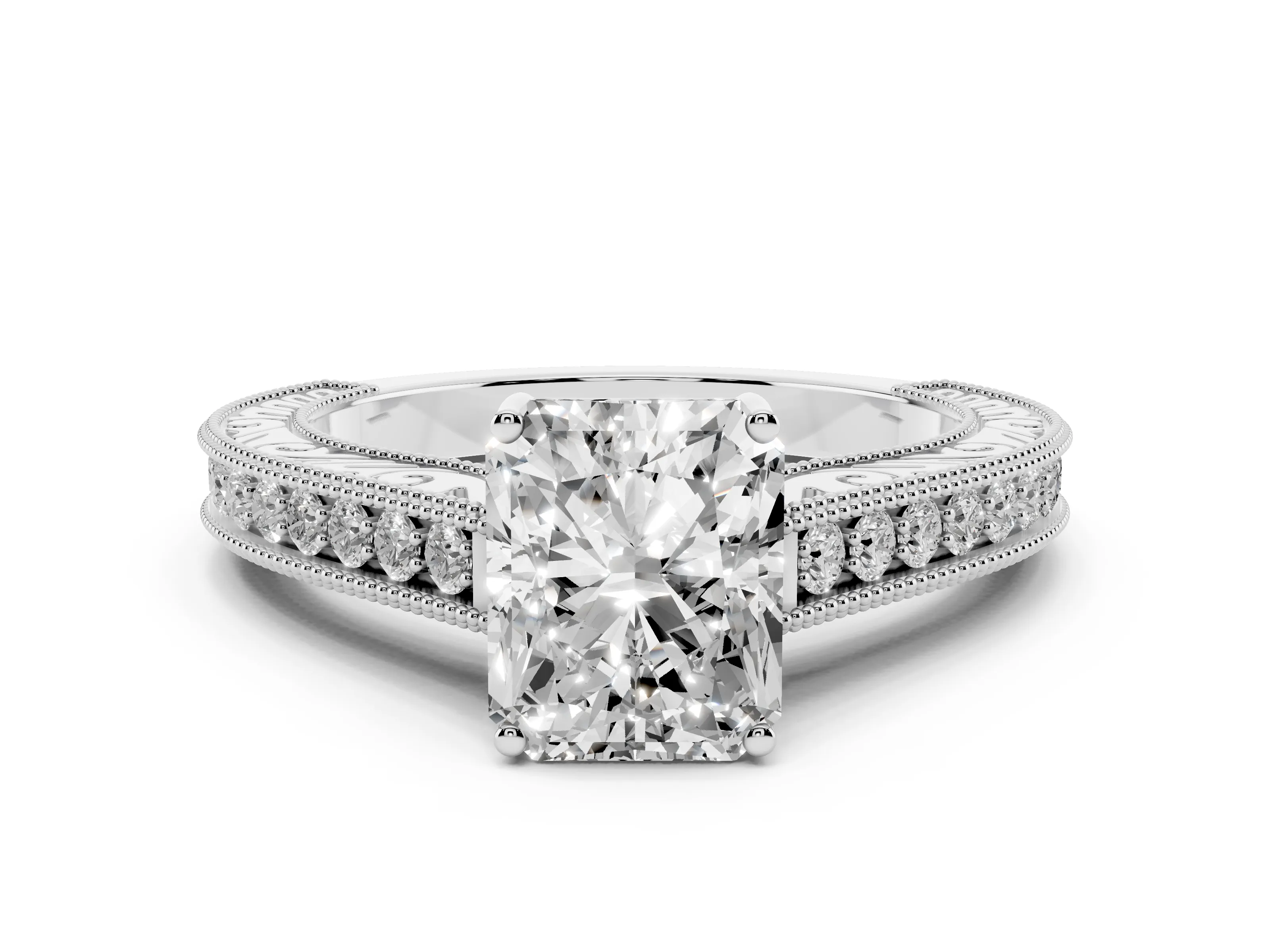 Radiant Cut Diamond Milgrain Pavé Band Solitaire Ring Set in Silver with Prong Setting