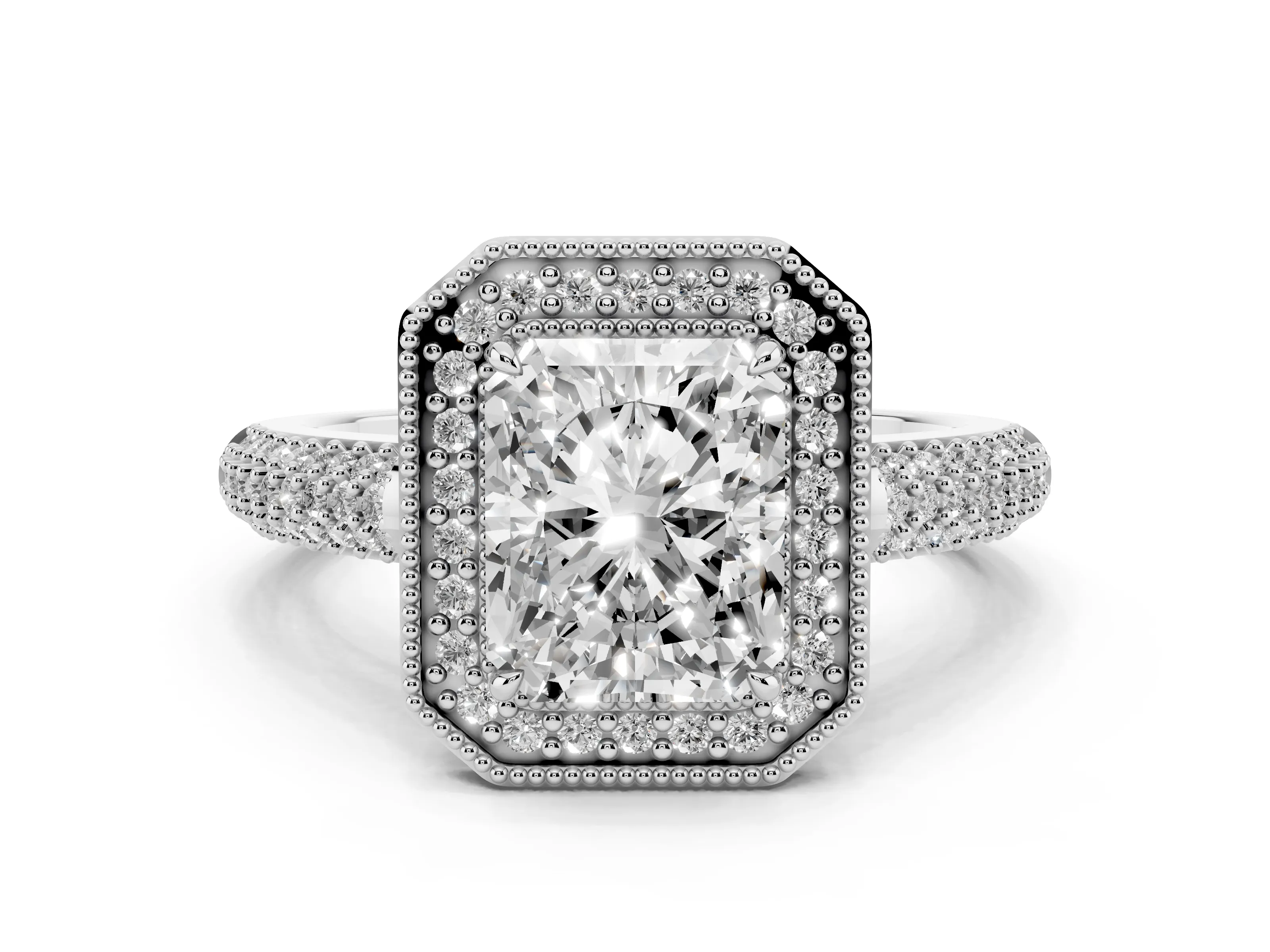 Radiant Cut Diamond Halo Pavé Band Set in White gold with Prong Setting