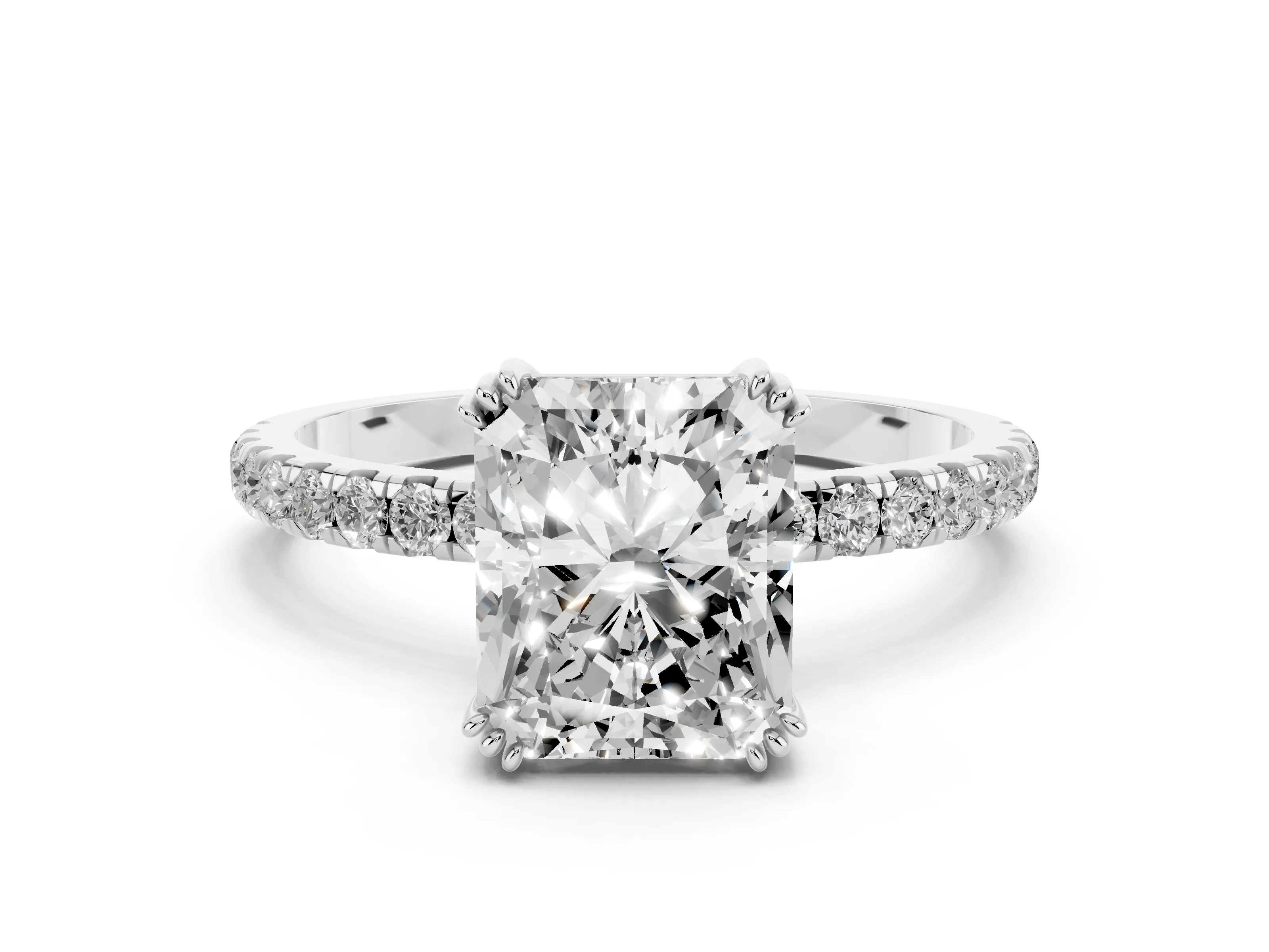 Radiant Cut Diamond Brilliant Solitaire Set in White gold with Pavé Band and Claw Prong Setting