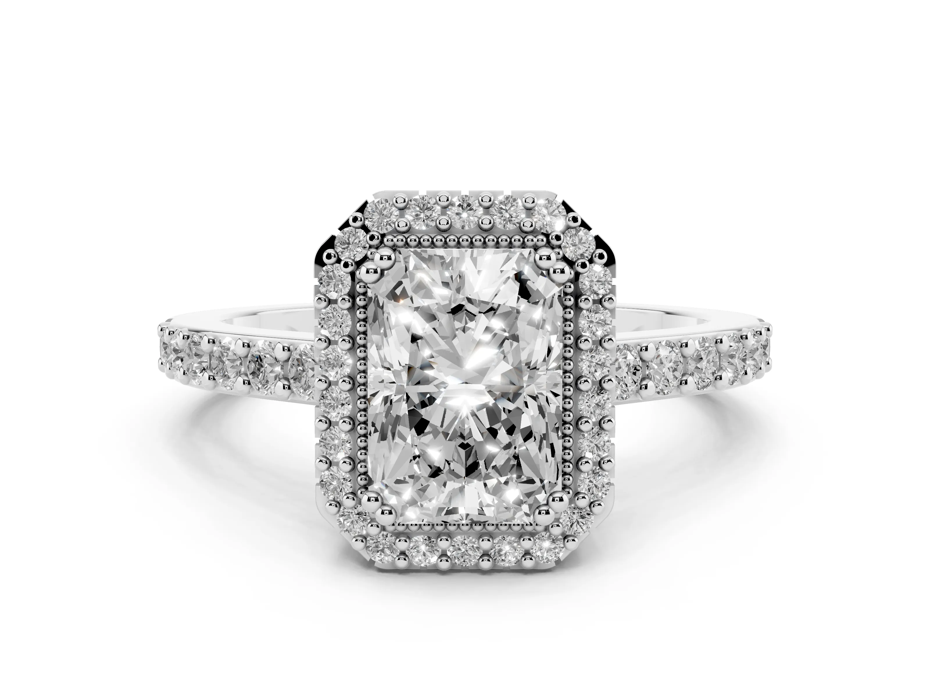 Radiant Cut Diamond Halo Engagement Ring Set in White gold with Milgrain Detail and Pavé Band