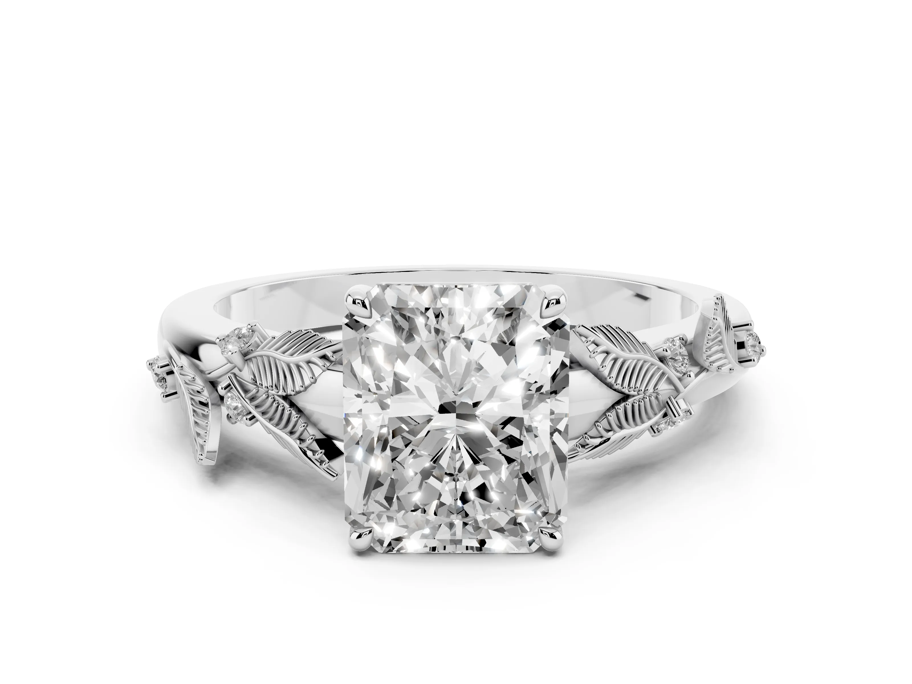 Radiant Cut Diamond Solitaire Ring Set in Silver with Leaf Motif Band