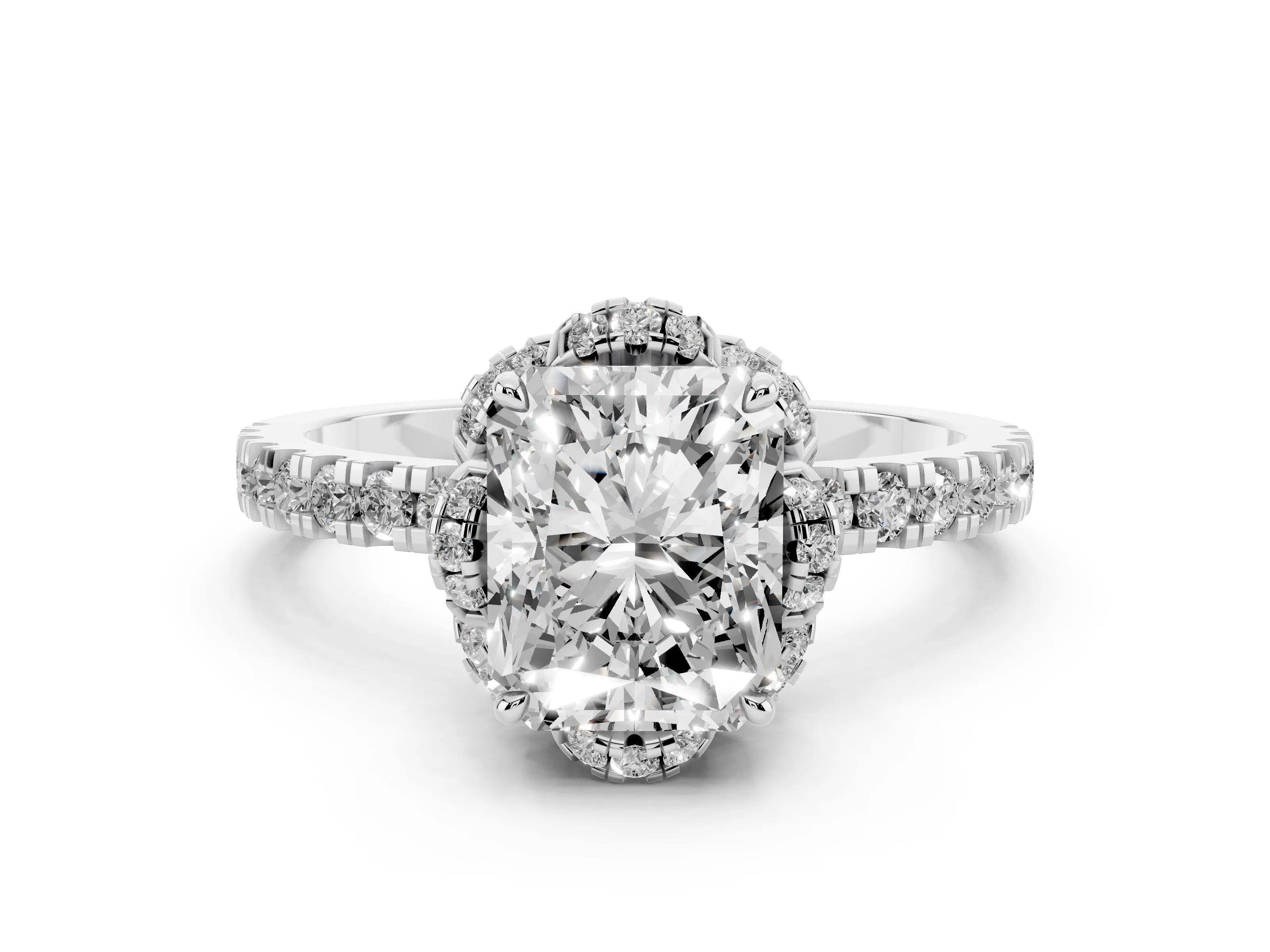 Radiant Cut Diamond Halo Pavé Band Ring Set in Platinum with Prong-Held Center