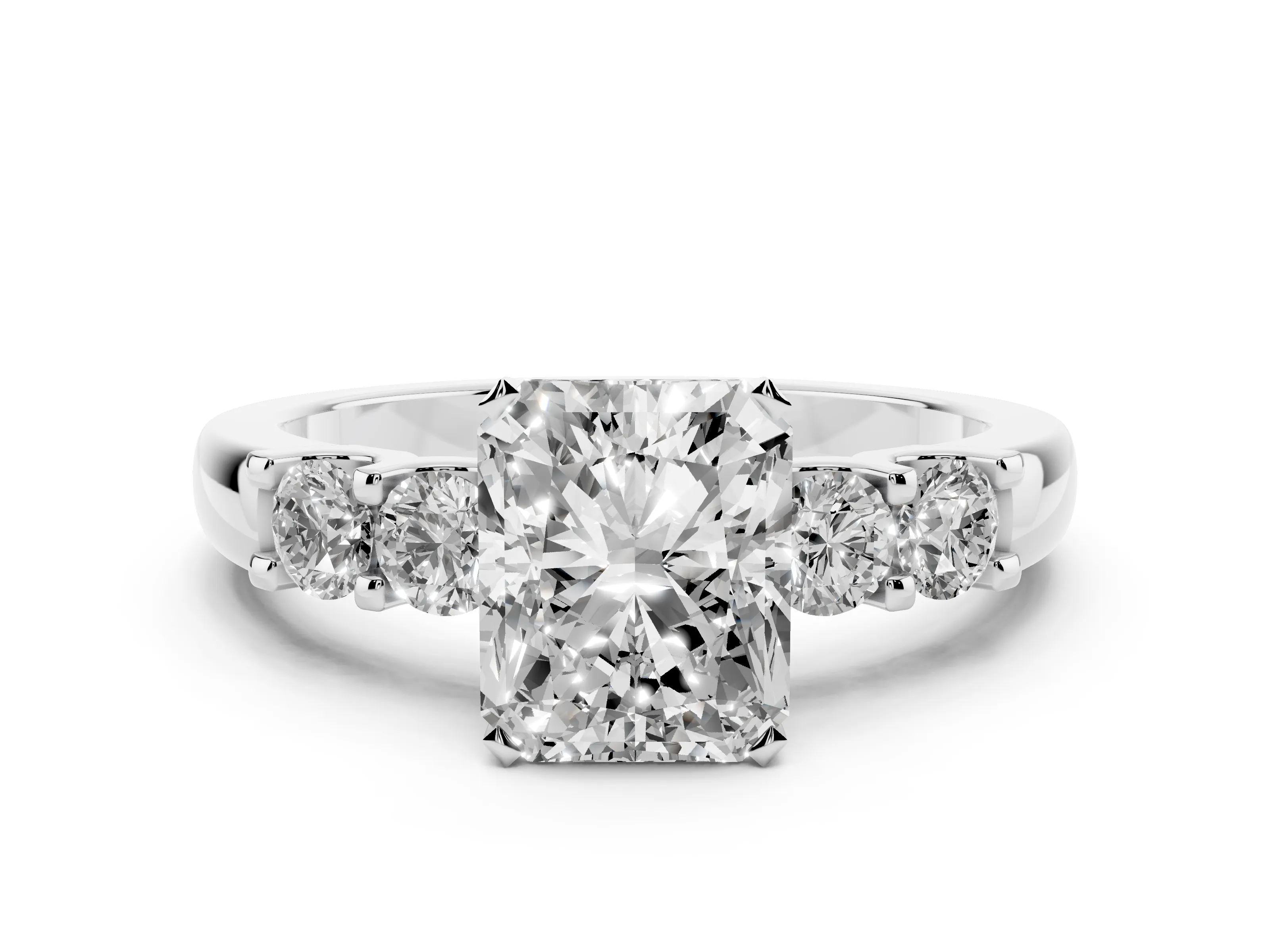 Radiant Cut Diamond Five-Stone Prong Set Engagement Ring Set in Platinum with Channel Band