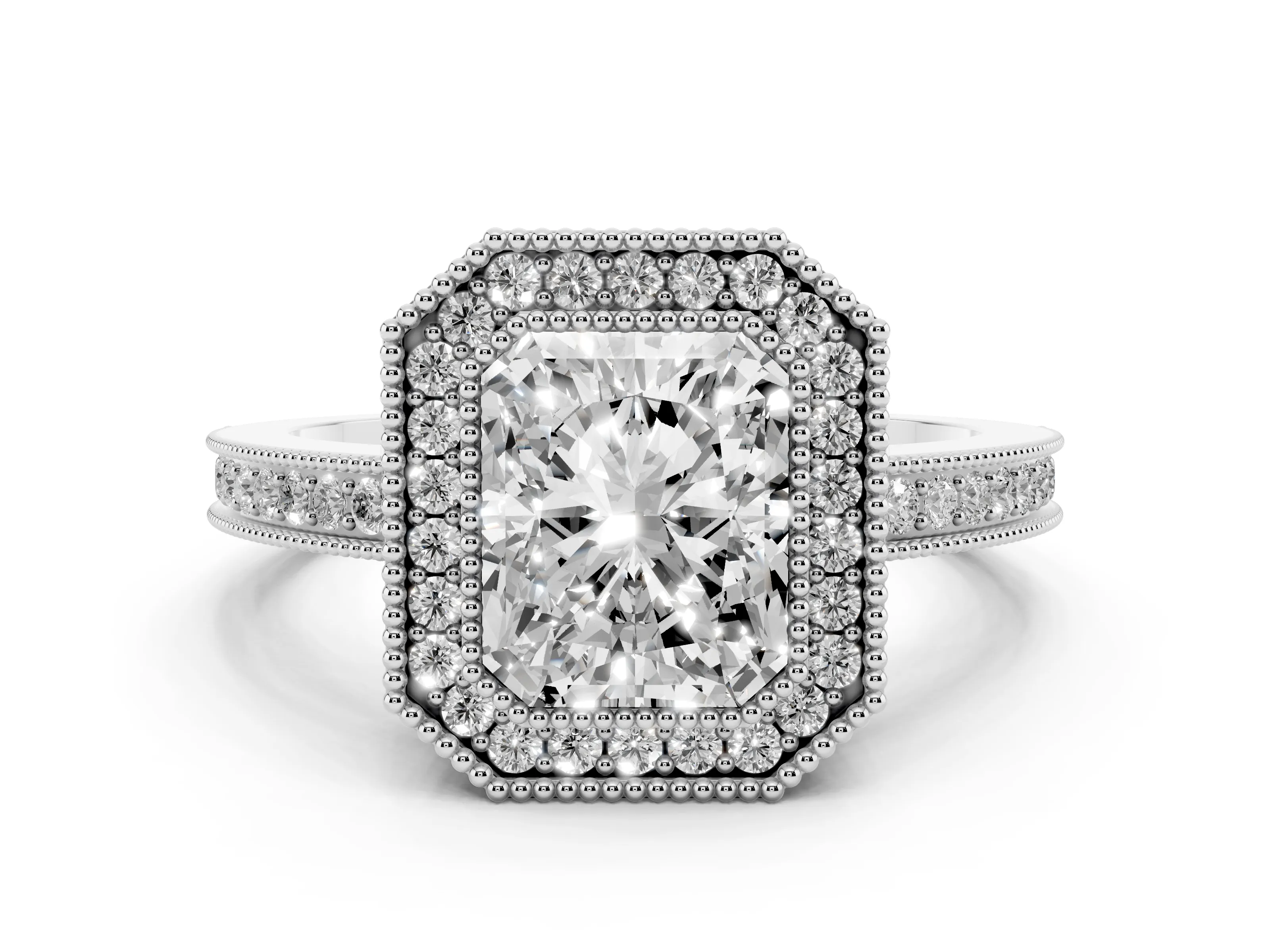 Radiant Cut Diamond Halo Ring Set in White gold with Pavé Band and Milgrain-Edged Prongs