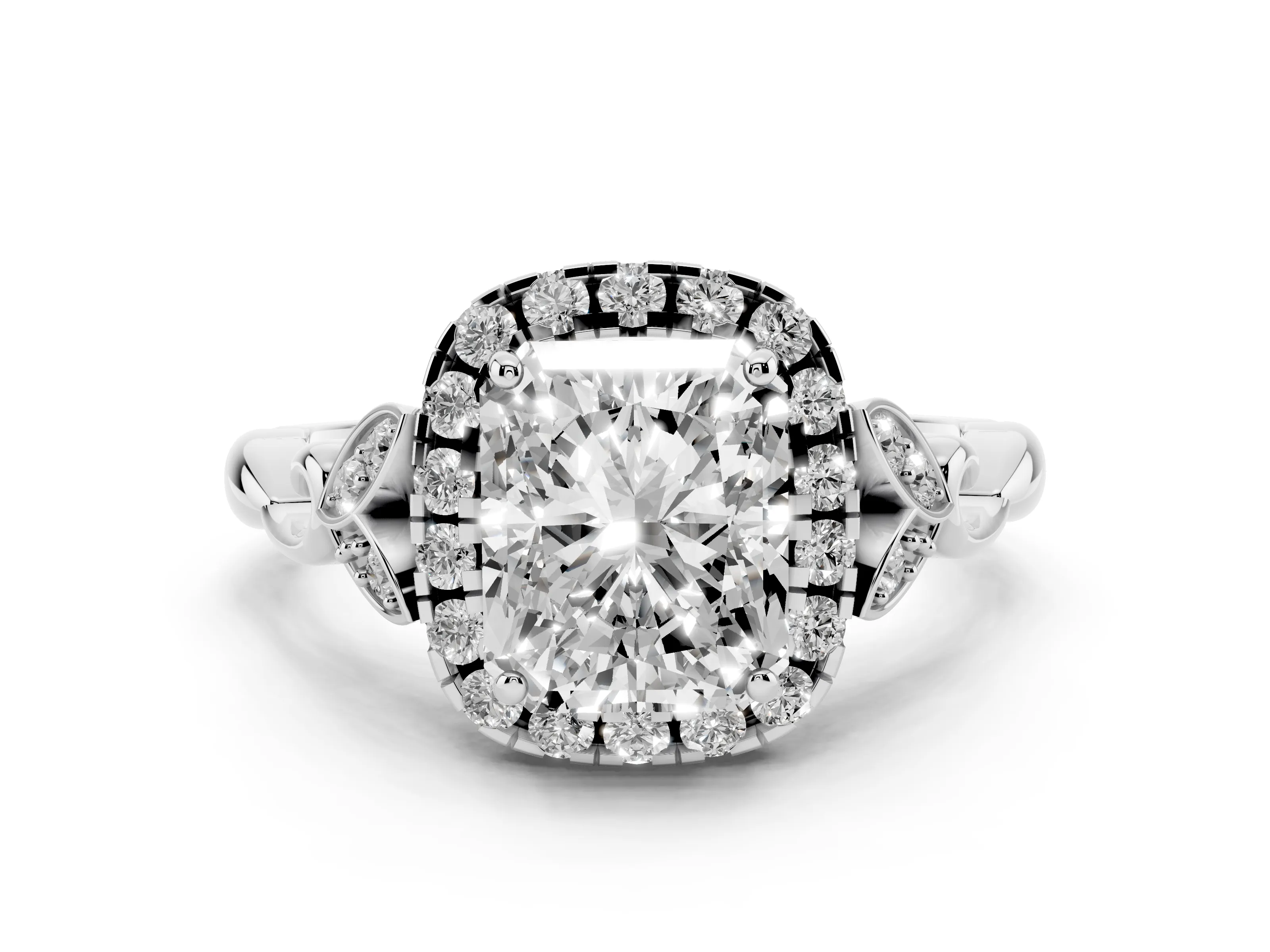 Radiant Cut Diamond Halo Engagement Ring Set in Platinum with Vintage-Inspired Band and Prong Setting