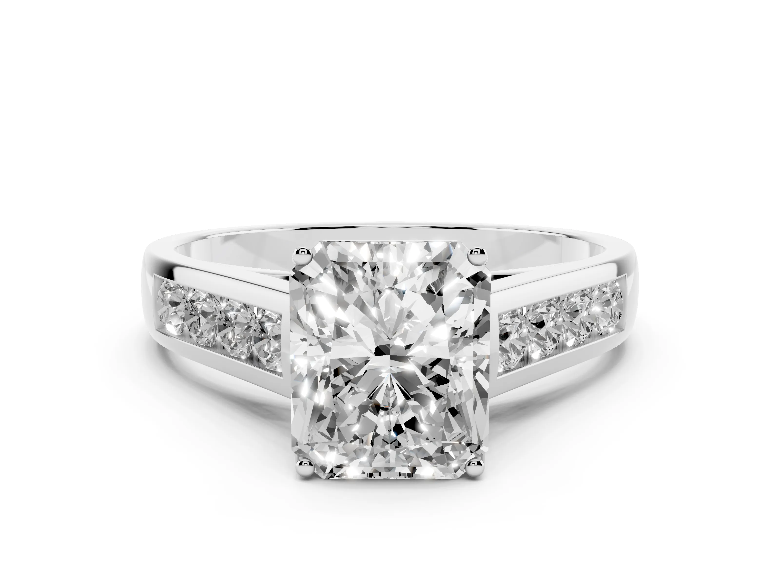 Radiant Cut Diamond Brilliant Channel-Set Solitaire Ring Set in White gold with Prong Setting