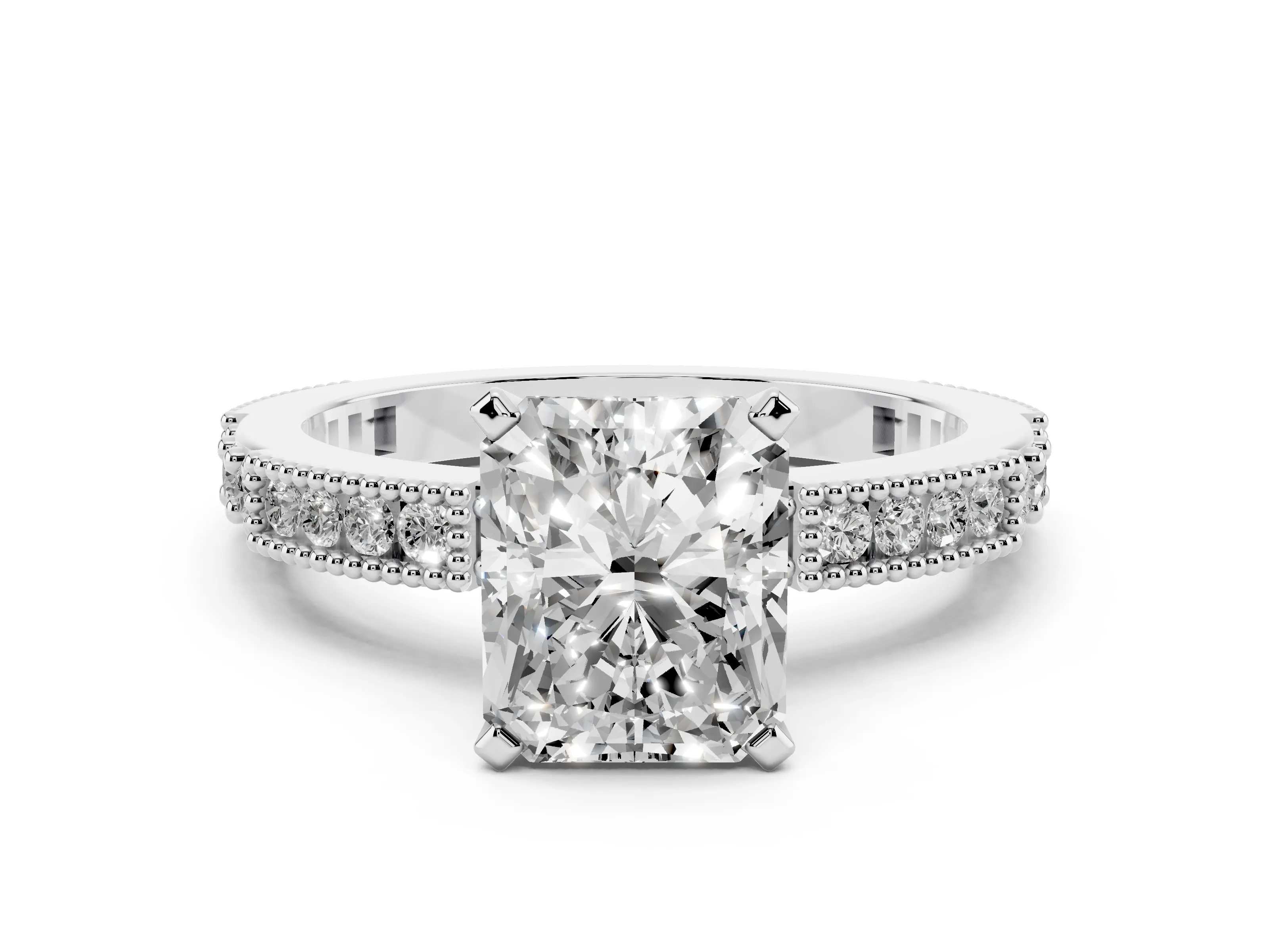 Radiant Cut Diamond Solitaire Ring Set in White gold with Slim Pavé Band and Prong Setting